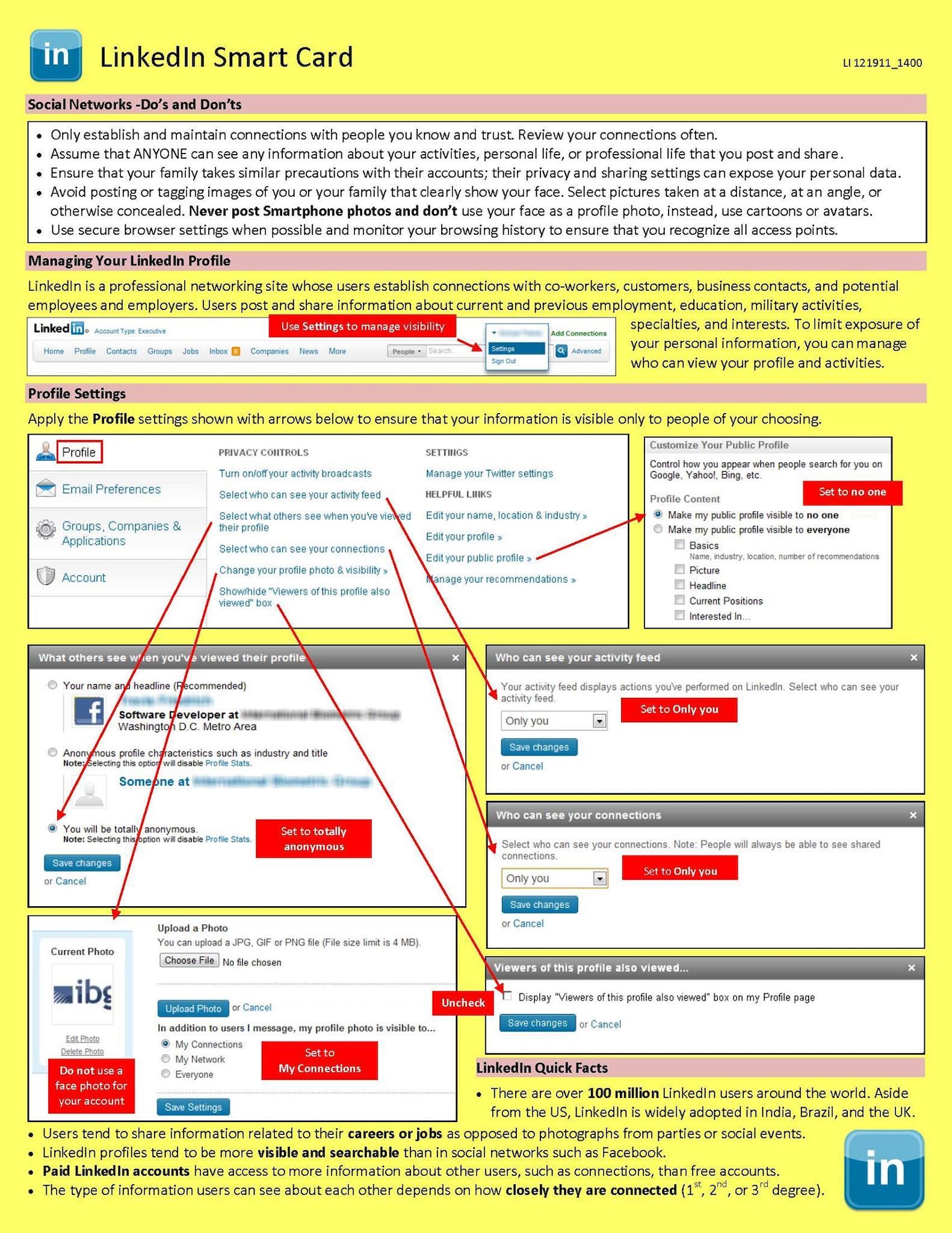 Social media is a great way to stay in touch, but remember to protect your information. The above smart cards for Twitter, Facebook, LinkedIn and Google+ offer tips for safeguarding your information. (Courtesy graphic)