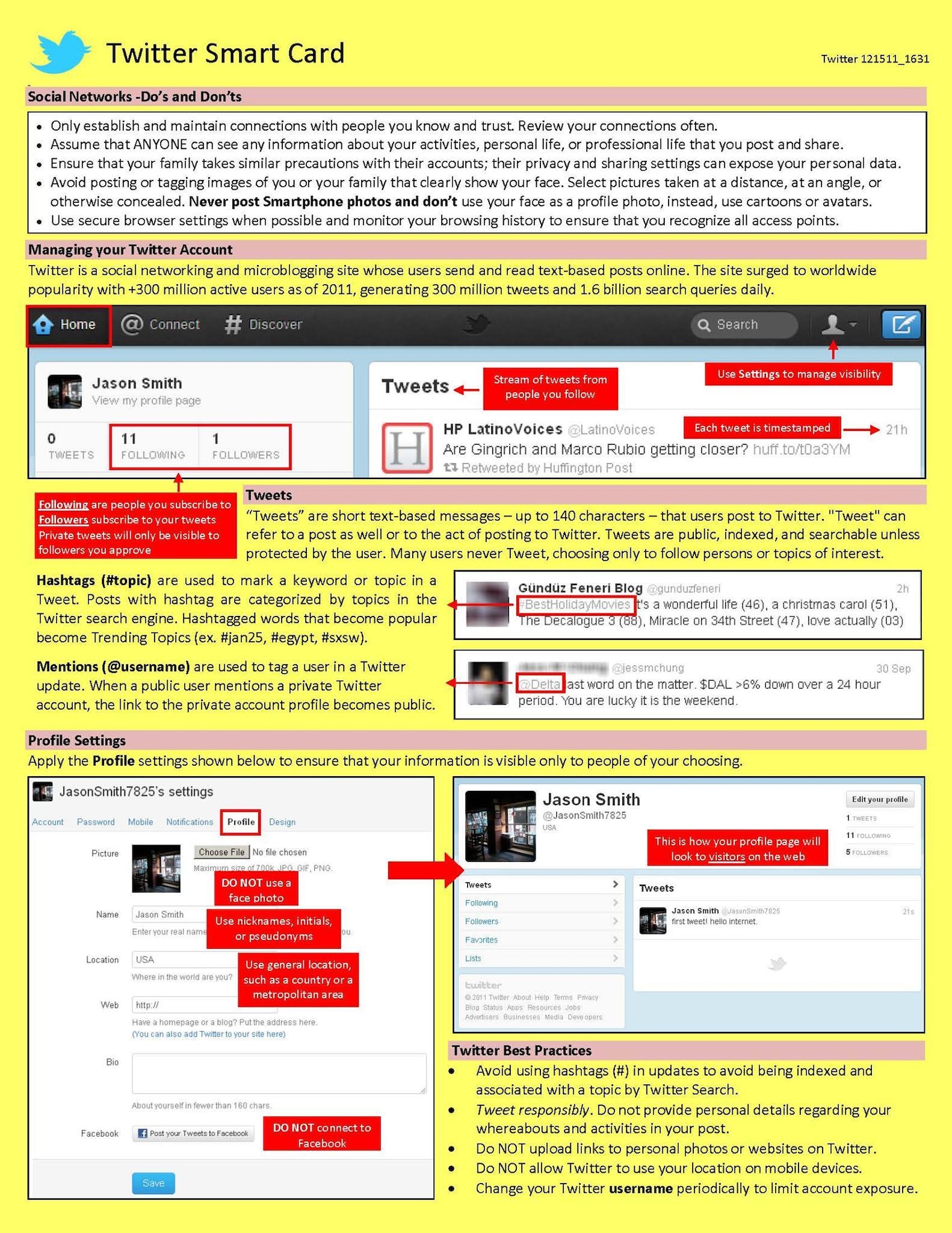Social media is a great way to stay in touch, but remember to protect your information. The above smart cards for Twitter, Facebook, LinkedIn and Google+ offer tips for safeguarding your information. (Courtesy graphic)