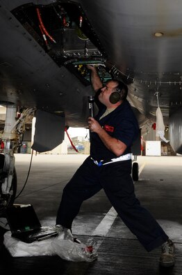 U.S. Air Force Staff Sgt. Adam Kope, 67th Aircraft Maintenance Unit dedicated crew chief, works on an F-15C Eagle’s secondary power during a sortie surge on Kadena Air Base, Japan, March 25, 2015. The 67th AMU worked diligently to keep the aircraft flying, allowing them to complete 278 flying missions in four days, and beating the previous record held by the 44th Fighter Squadron of 244. (U.S. Air Force photo by Staff Sgt. Marcus Morris)