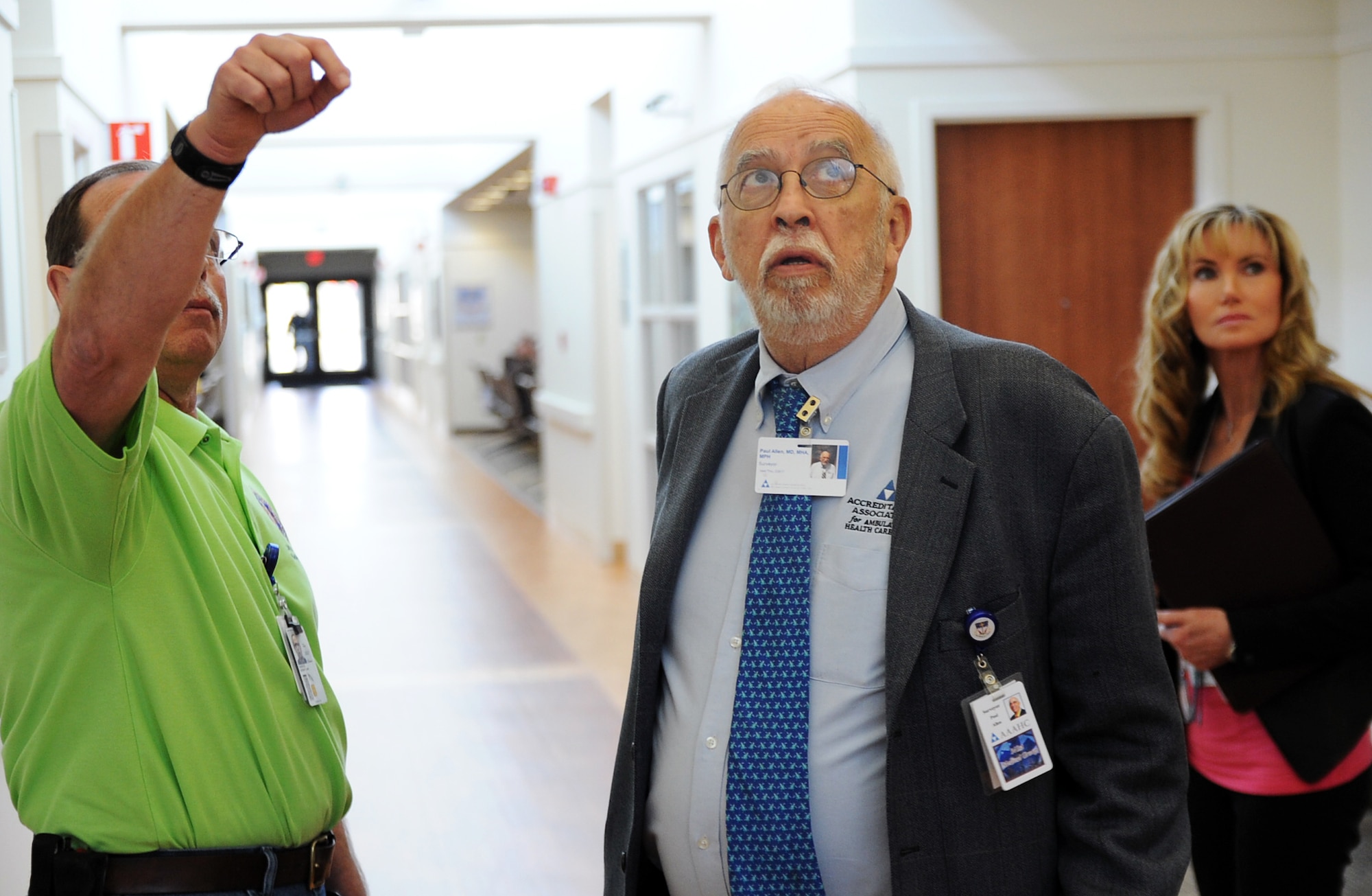 Mr. Rod Madison, (left), 341 Medical Group facility manager, Dr. Paul M Allen, and Dr. Joy Himmel, tour the clinic during an Accreditation Association of Ambulatory Health Care inspection, Mar. 24, 2015, at Malmstrom Air Force Base, Mont.  More than 3,000 ambulatory health care organizations across the United States are accredited by AAAHC.  (U.S. Air Force photo/Chris Willis)
