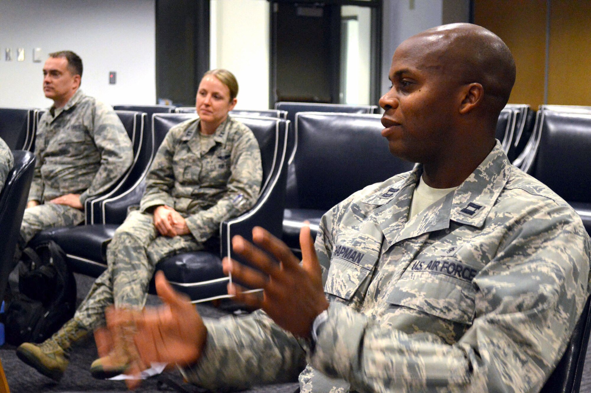 Capt. Richard Chapman, 43rd Aeromedical Evacuation Squadron, asks a question during a company-grade officer professional development seminar commanders’ panel Mar. 19 at the Airman’s Center, Pope Army Airfield, N.C. (U.S. Air Force photo/Marvin Krause)