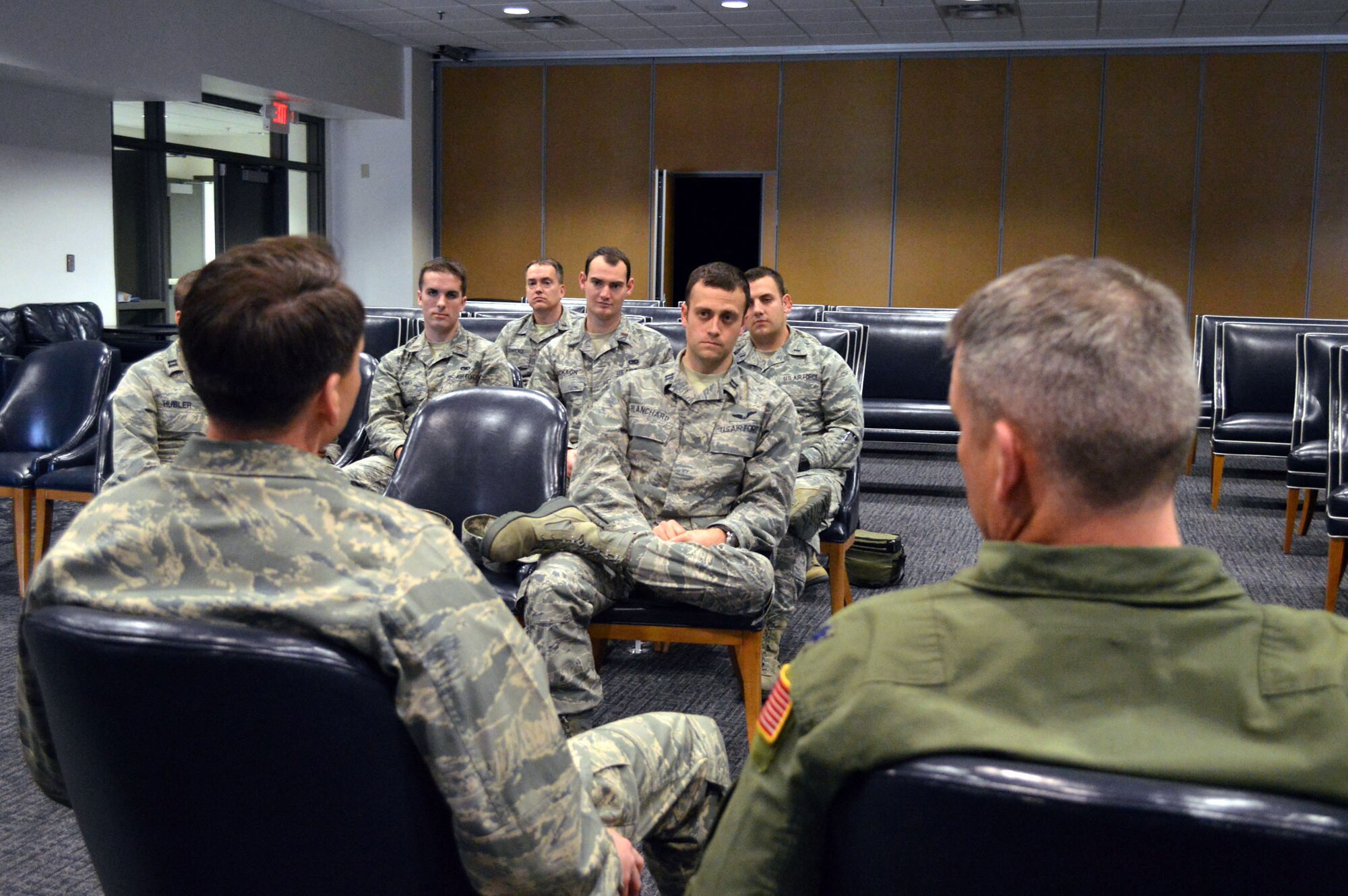 Maj. Joseph Whittington, 3rd Aerial Port Squadron commander, left, and Lt. Col. Patrick O’Sullivan, 2nd Airlift Squadron commander, right, answer questions during a company-grade officer professional development seminar commanders’ panel Mar. 19 at the Airman’s Center, Pope Army Airfield, N.C. (U.S. Air Force photo/Marvin Krause)