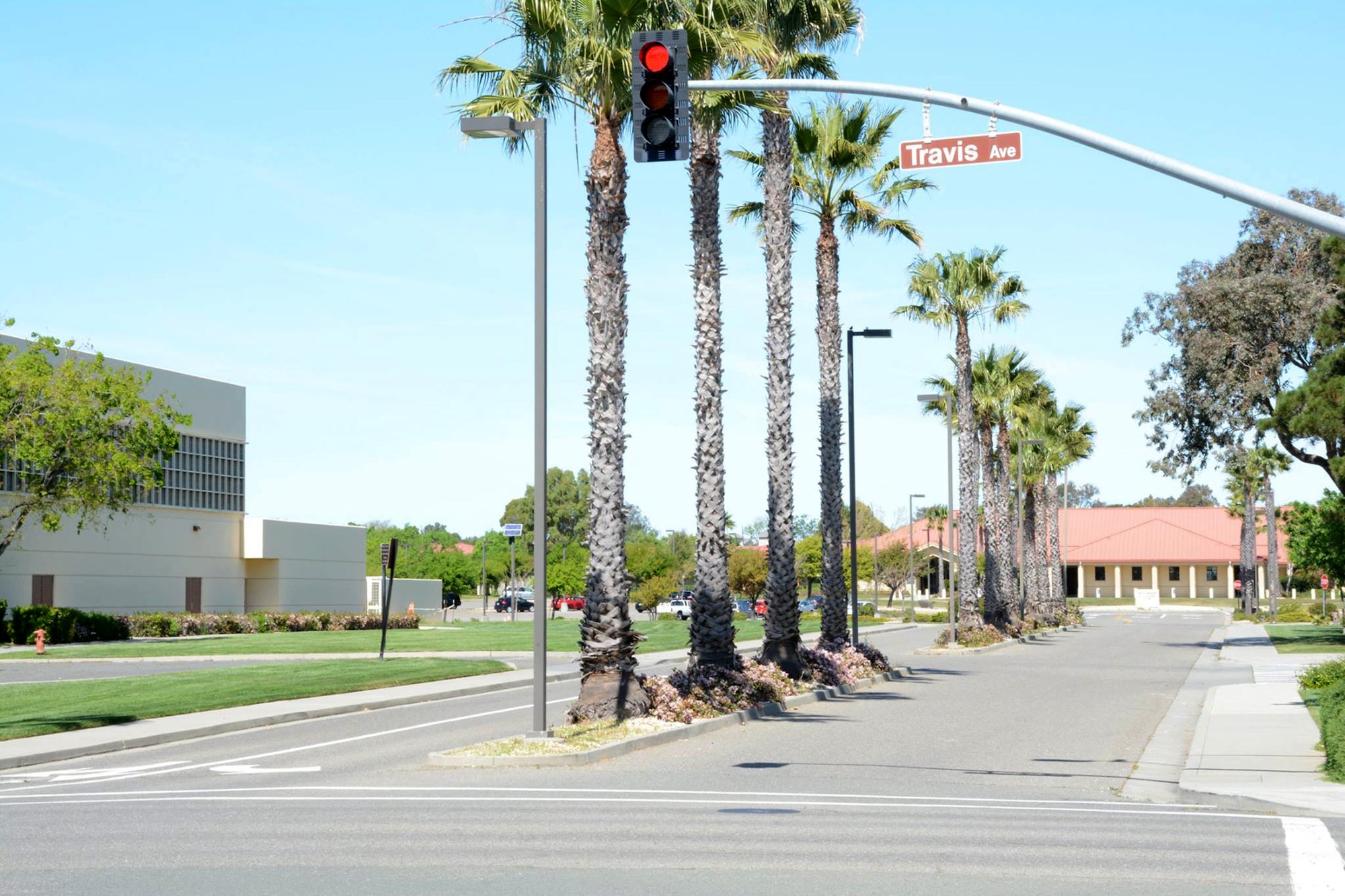 TRAVIS AIR FORCE BASE, Calif. -- Courtesy reminder: parking is only permitted in marked spaces at Travis Air Force Base. No parking is permitted in the unmarked zones on the sides of Scott street between the Travis Fitness Center and lodging in this picture; vehicles parked here will be ticketed. (Picture By Senior Airman Sajjan Singh)