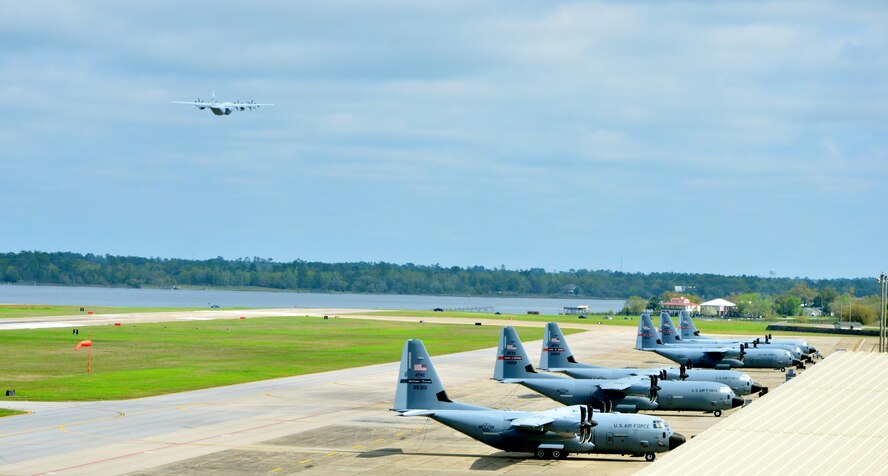 A 53rd Weather Reconnaissance Squadron C-130J exits Keesler Air Force Base, Mississippi, during a hurricane evacuation exercise March 24, 2015. The 53rd WRS is an Air Force Reserve unit in the 403rd Wing at Keesler. (U.S. Air Force photo/Master Sgt. Brian J. Lamar)