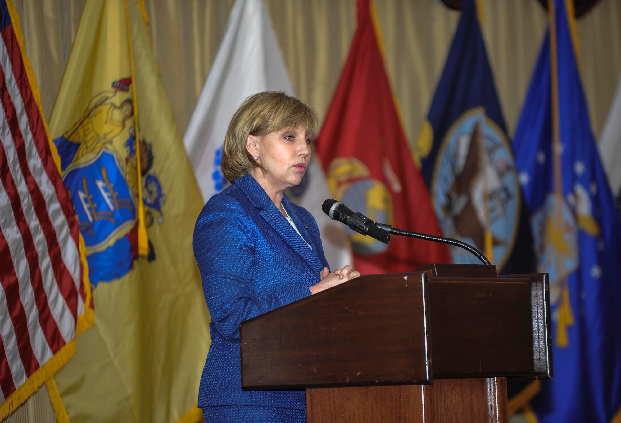 New Jersey Lt. Gov. Kim Guadagno, speaks at the 2015 Employer Support of the Guard and Reserve Award Ceremony on Joint Base McGuire-Dix-Lakehurst, N.J., March 14, 2015. During her speech, Guadagno voiced her appreciation to those who provide support to service members in the national Guard and Reserves. (U.S. Air Force photo/Airman 1st Class Lauren Pitts) 