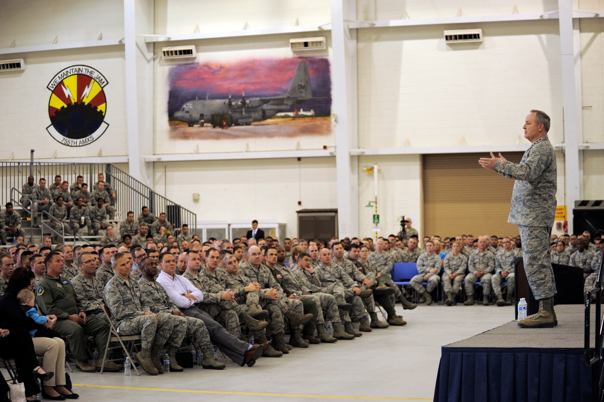 U.S. Air Force Chief of Staff Gen. Mark A. Welsh III speaks to Airmen during an all-call at Davis-Monthan Air Force Base, Ariz., March 25, 2015. During the all-call, Welsh emphasized that no matter what their job entails, each individual Airman is critical to the Air Force mission. (U.S. Air Force photo by Airman 1st Class Chris Drzazgowski/Released)