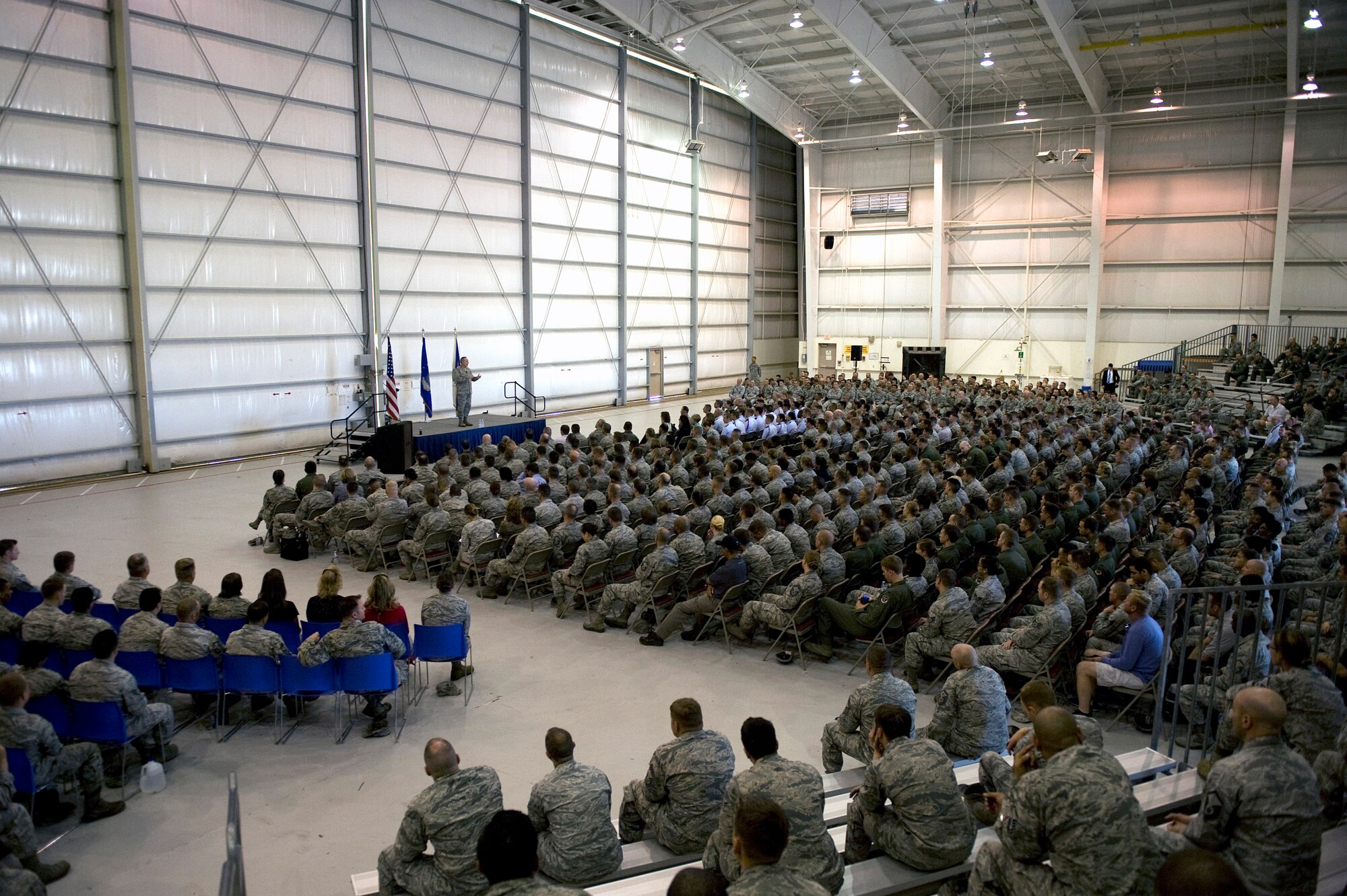 U.S. Air Force Chief of Staff Gen. Mark A. Welsh III speaks to Airmen during an all-call at Davis-Monthan Air Force Base, Ariz., March 25, 2015. More than 800 Airmen attended the all-call where Welsh thanked them for their continued service and dedication. (U.S. Air Force photo by Airman 1st Class Chris Drzazgowski/Released)