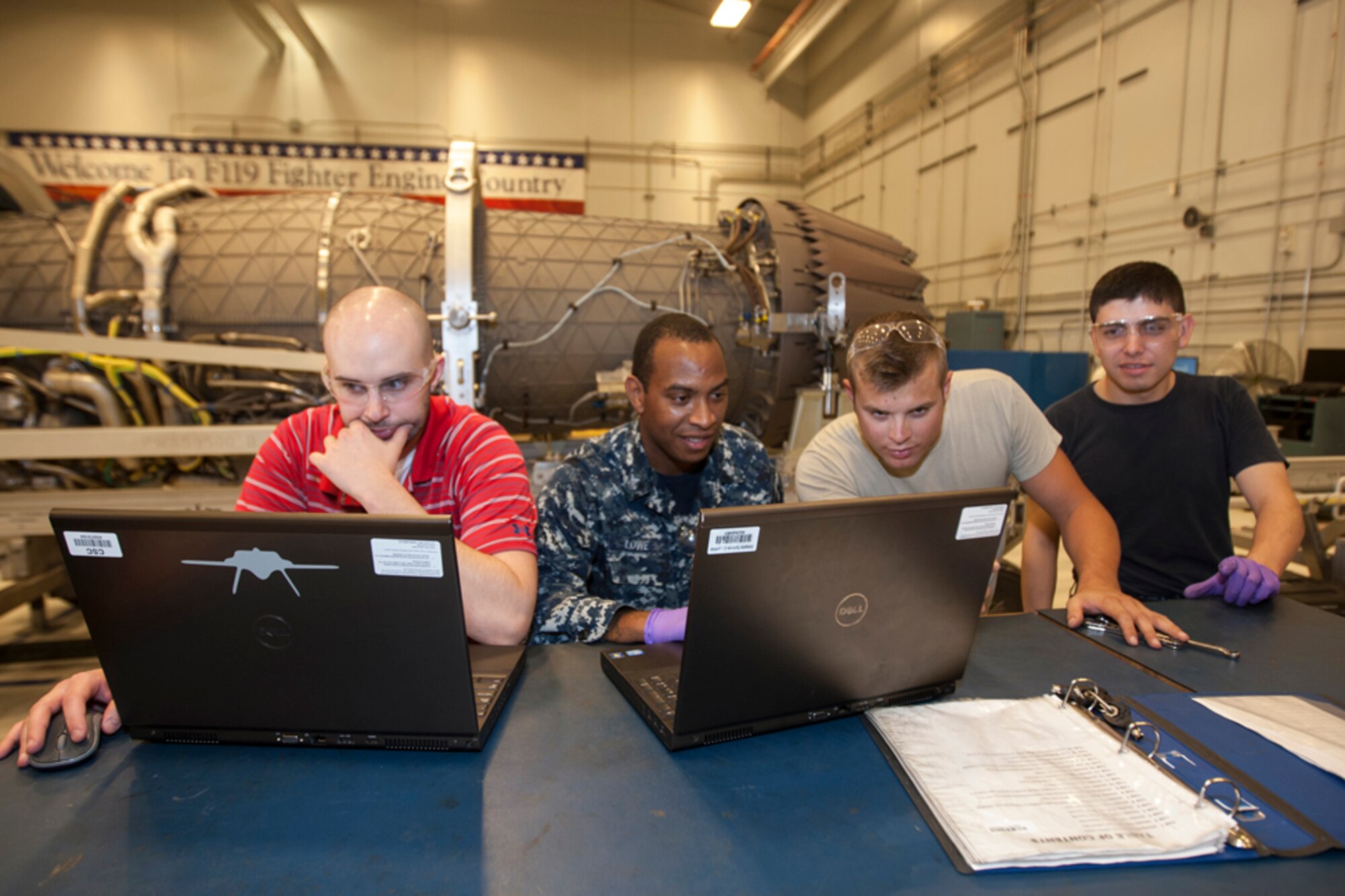 A significant milestone for the Joint Strike Fighter test team occurred at Edwards March 16 to 20 as a joint team of Air Force and U.S. Navy maintainers, DOD employees and Pratt and Whitney contractors, combined efforts to provide verified technical procedures to be used by the entire JSF fleet, both nationally and internationally. (Photo by Tom Reynolds/Lockheed Martin)