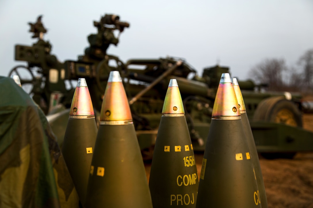 M795 high explosive projectile 155 mm rounds are prepped and staged to conduct field artillery training during exercise Foal Eagle 2015 on Warrior Base, New Mexico Range, South Korea, March 15, 2015. 
