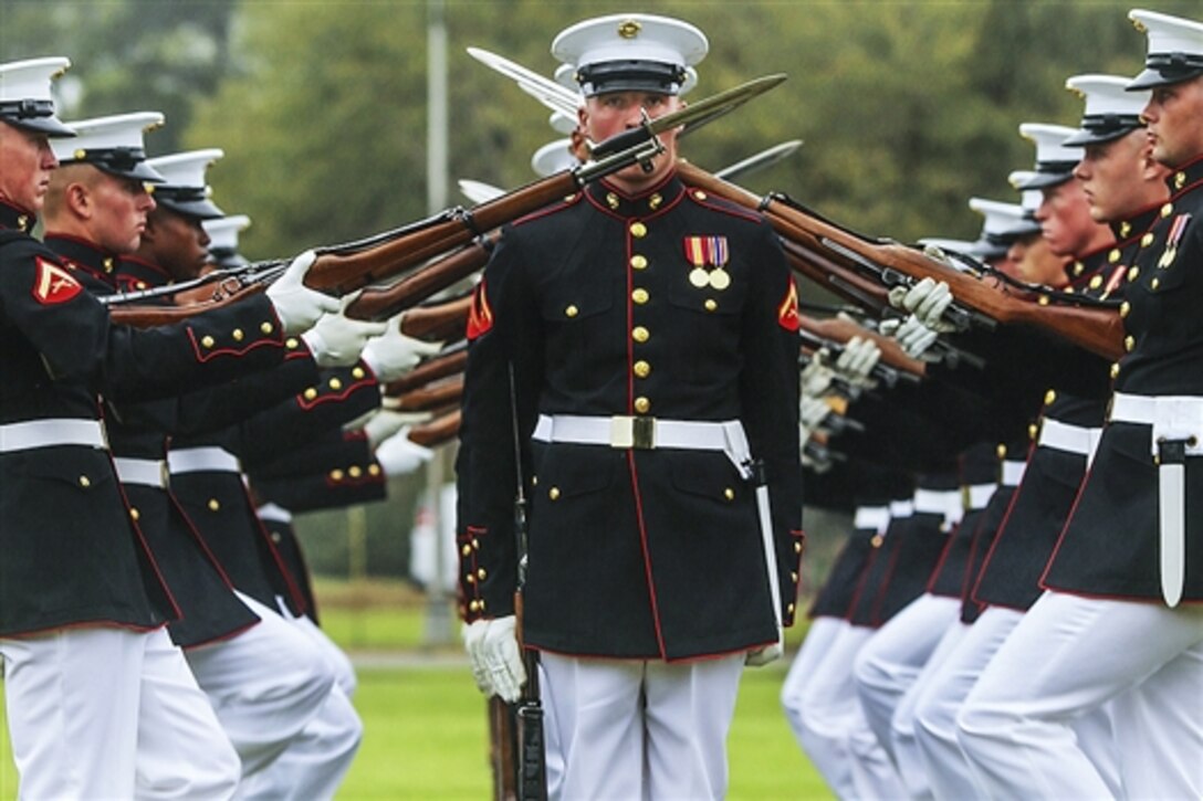 Marines perform during the Battle Colors Ceremony on Marine Corps Air Station Beaufort, S.C., March 23, 2015. The Battle Color Detachment is composed of three performing ceremonial units assigned to Marine Barracks, Washington, D.C.  