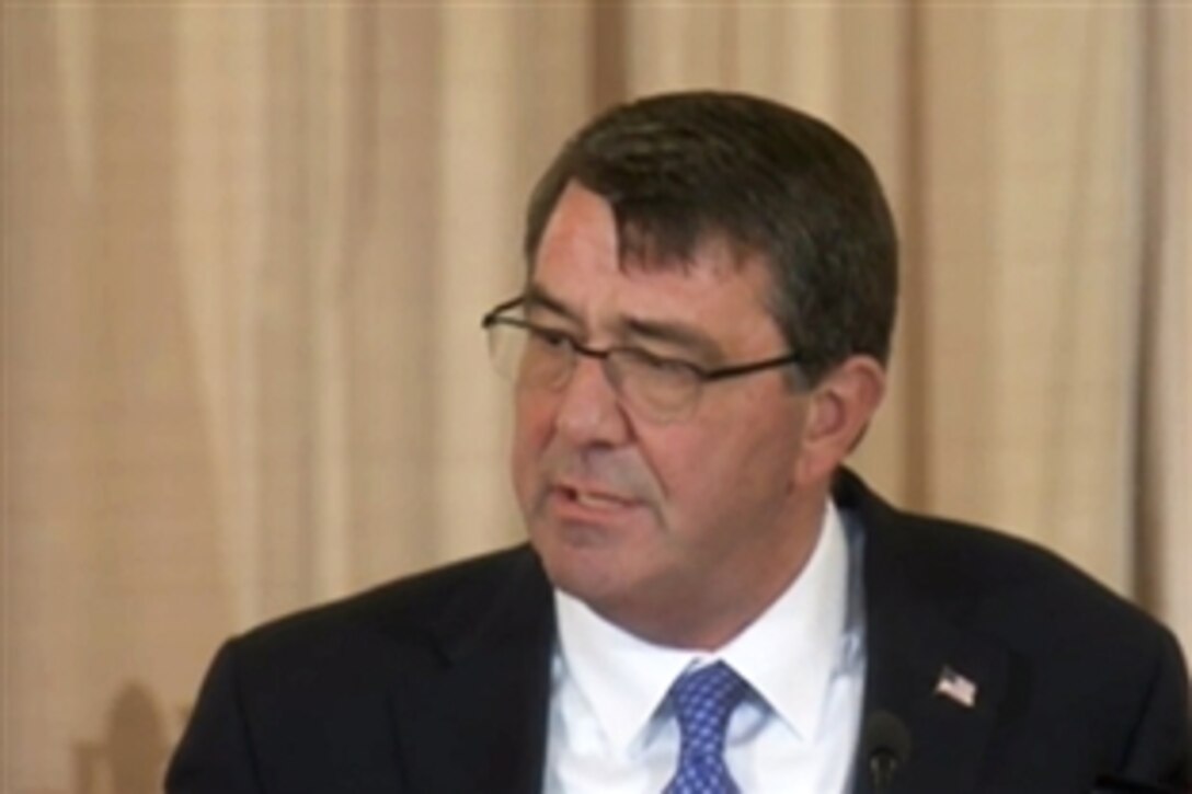 Defense Secretary Ash Carter provides remarks on the national security budget and the relationship between the Defense and State departments at the Global Chiefs of Mission conference at the State Department in Washington, D.C., March 26, 2015.