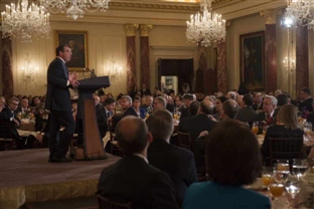 Defense Secretary Ash Carter makes remarks at the State Department’s Global Chiefs of Mission Conference in Washington, D.C., March 26, 2015. Carter called for a “full-court press” within government to tackle the pressing national security issues of the day.