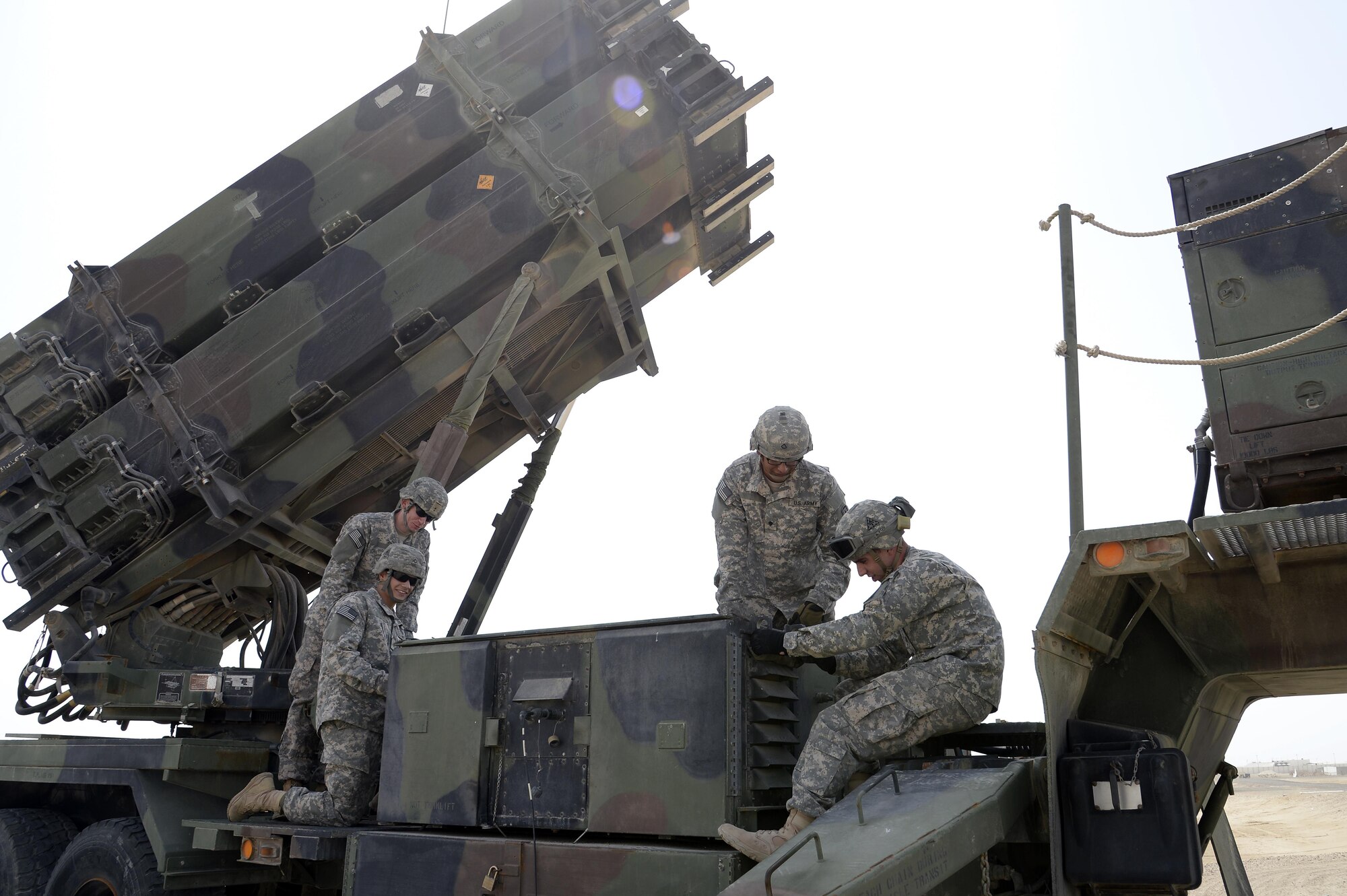 Soldiers with Bravo Battery conduct crew drill training on a Patriot Advanced Capability-3 Missile Launcher at an undisclosed location in Southwest Asia, March 18, 2015. Overall Bravo Battery supplements the integrated air missile defense network which is critical to maintaining air superiority in the area of responsibility. (U.S. Air Force photo/Tech. Sgt. Marie Brown/RELEASED)