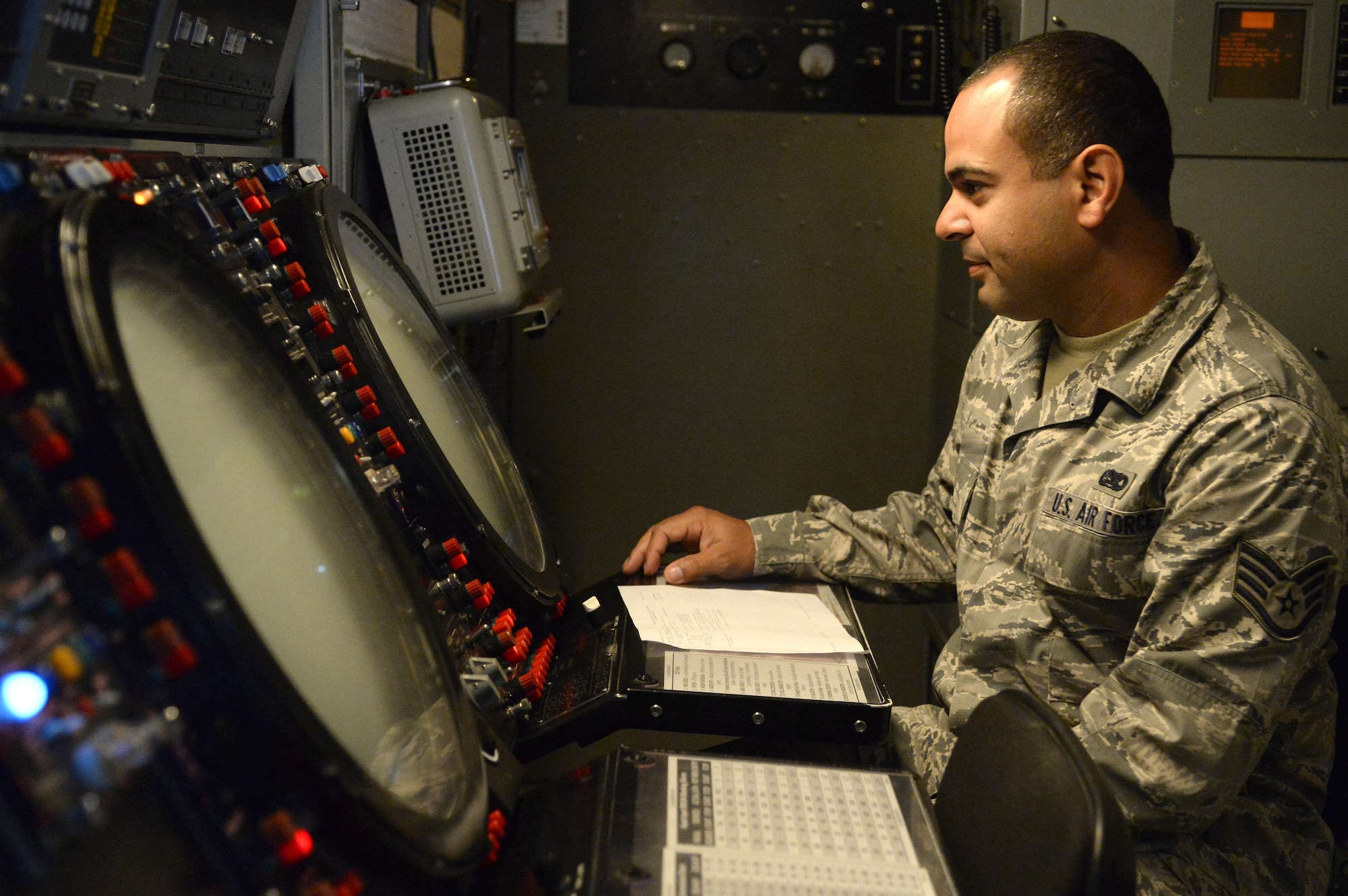 Staff Sgt. Wilfredo, radar maintenance technician, verifies system parameters and enters weather daily values into a TPS-75 radar system to accurately calculate target altitude at an undisclosed location in Southwest Asia March 24, 2015. Radar maintainers make sure the radars are operational so the operators at the Battlespace Command and Control Center-Theater can perform their duties. Wilfredo is currently deployed from the Air National Guard’s 141st Air Control Squadron out of Ramey Air Force Base, Puerto Rico. (U.S. Air Force photo/Tech. Sgt. Brown/RELEASED)