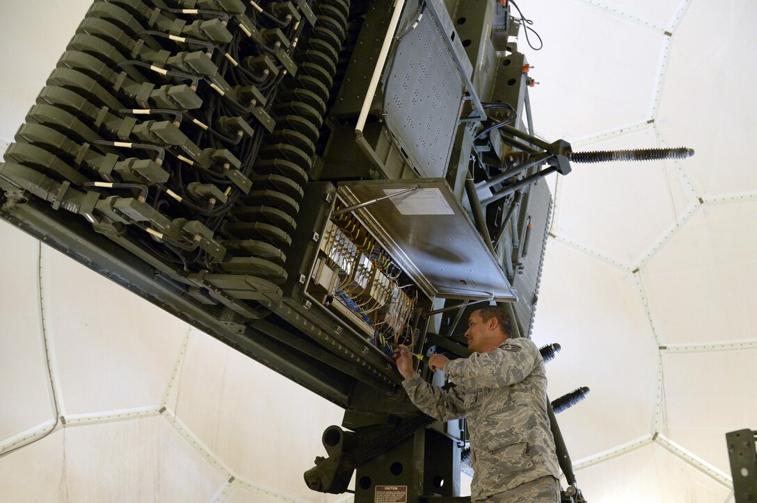 Staff Sgt. Pedro, radar maintenance technician, conducts a performance maintenance inspection on the antenna low-noise amplifier at an undisclosed location in Southwest Asia March 24, 2015. Radar maintenance technicians ensure serviceability and functionality of equipment in support of the mission. Pedro is currently deployed from the Air National Guard’s 141st Air Control Squadron out of Ramey Air Force Base, Puerto Rico. (U.S. Air Force photo/Tech. Sgt. Brown/RELEASED)