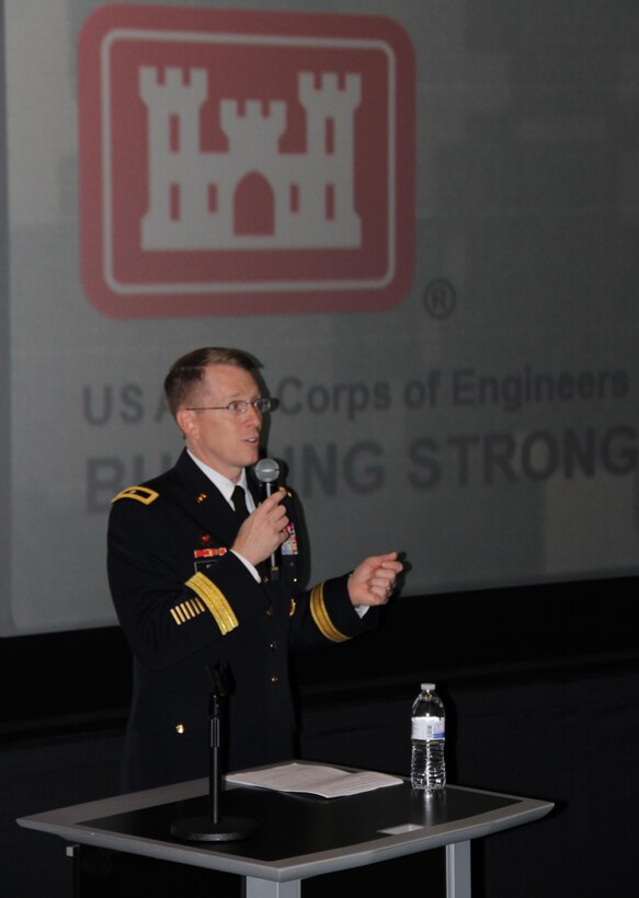 Brig. Gen. David Hill, commander, Southwestern Division, speaks to several groups of local students at the Perot Museum of Nature and Science as part of Engineer Week activities at the museum.