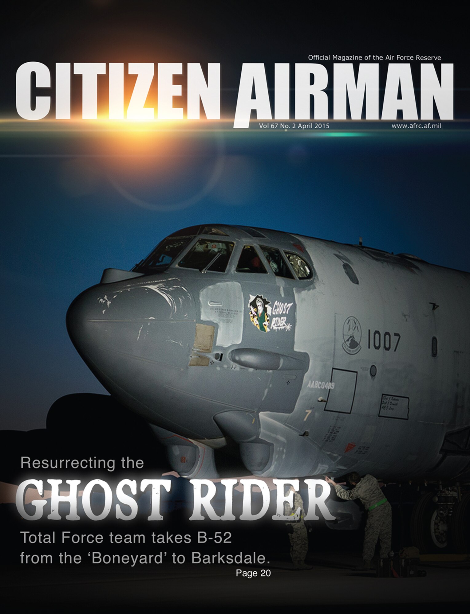 The April issue of Citizen Airman is available online. The cover story features a Total Force team that included members of the 307th Aircraft Maintenance Squadron from
Barksdale Air Force Base, Louisiana, working to bring a B-52 out of retirement at the Air Force "Boneyard" back into active service. The lead story, by Staff Sgt. Kelly Goonan, focuses on rescue Reservists from Patrick Air Force Base, Florida, engaging in realistic training at a state-of-the-art facility in Georgia. Read more at http://www.citamn.afrc.af.mil. 
