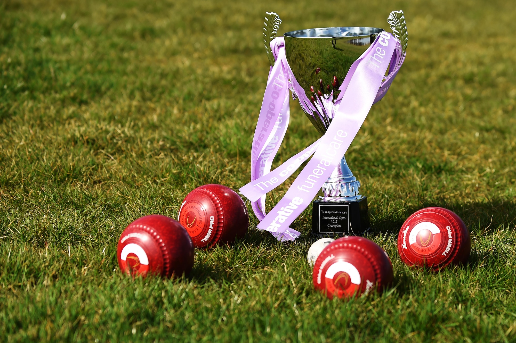 The 2015 Co-operative Funeralcare International Open Champion trophy sits among four bowls at the athletic field on Royal Air Force Alconbury, England, March 23, 2015. Nick Brett, the water and fuels shop chief for the 423rd Civil Engineer Squadron, won the trophy when he defeated six-time world indoor bowls champion, Alex Marshall, March 6, 2015. (U.S. Air Force photo/Staff Sgt. Jarad A. Denton)