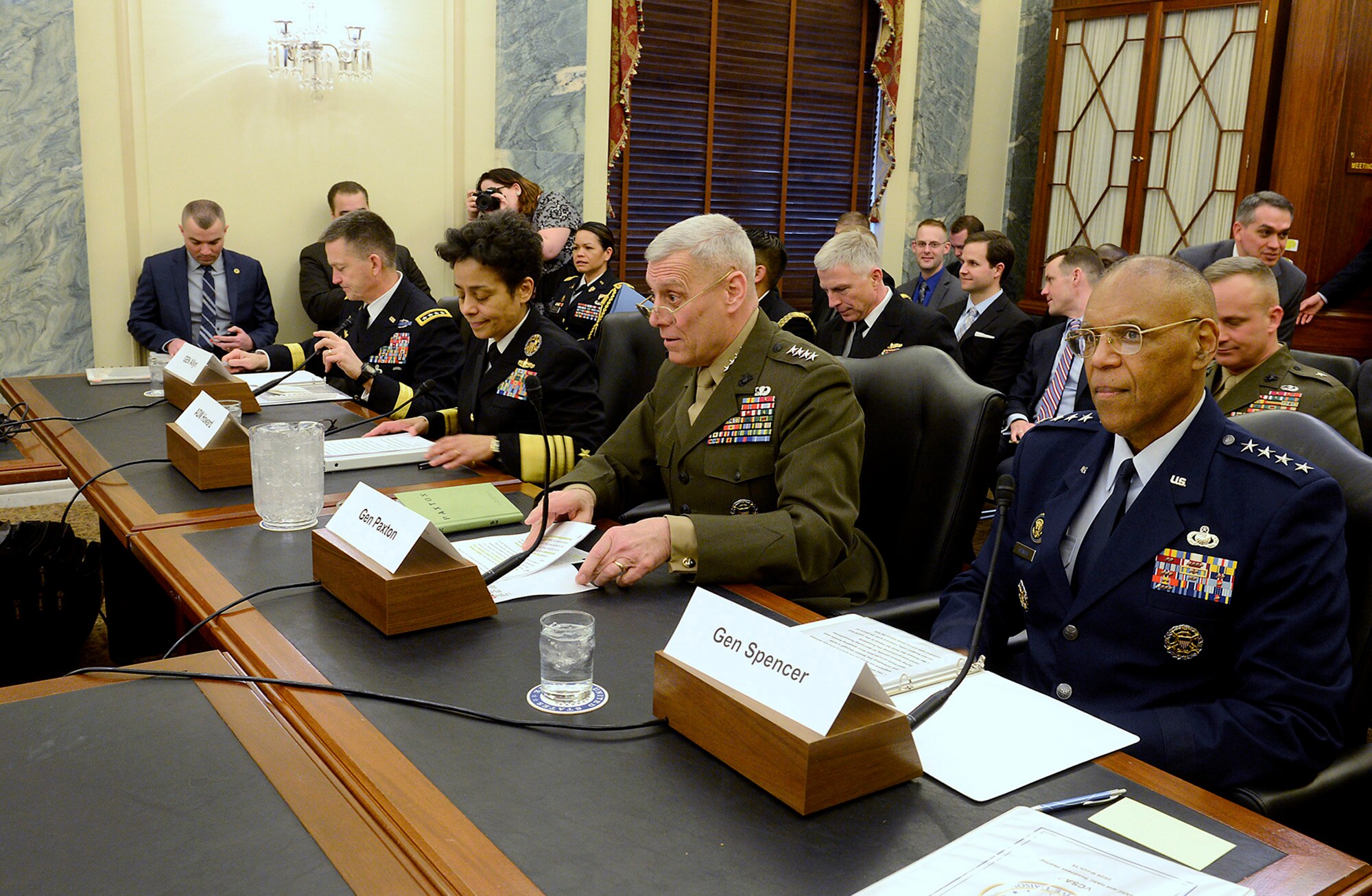 Air Force Vice Chief of Staff Gen. Larry O. Spencer testifies during the Senate Armed Services Committee's hearing on current military readiness in Washington, D.C., March 25, 2015. Spencer testified with Vice Chief of Staff of the Army Gen. Daniel B. Allyn, Vice Chief of Naval Operations Adm. Michelle J. Howard, and Assistant Commandant of the Marine Corps Gen. John M. Paxton Jr. Spencer stressed that a ready, strong and agile Air Force is a critical component of the best, most credible military in the world. (U.S. Air Force photo/Scott M. Ash)