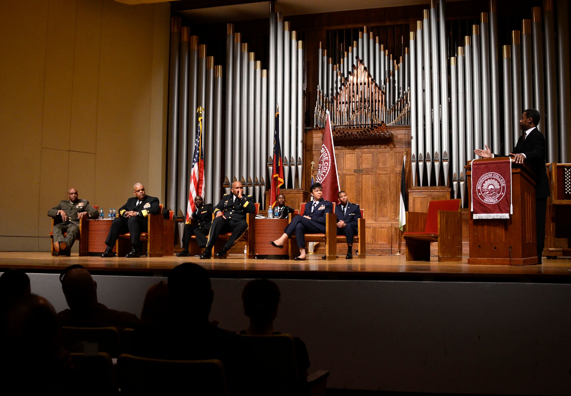 Dr. John Silvanus Wilson Jr., President of Morehouse College, presides over a panel discussion on various topics relating to military matters at a forum held at Morehouse College’s Joint Service Military Day, March 26, 2015. The panelists represented four branches of the armed forces, United States Marines, U.S. Navy, Army and Air Force. (U.S. Air Force photo/Don Peek)