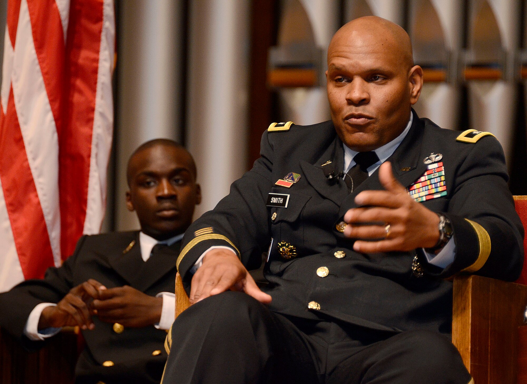 Maj. Gen. Leslie Smith, Army Maneuver Support Center of Excellence commanding general participates in a panel discussion on various topics relating to military matters at a forum held at Morehouse College’s Joint Service Military Day, March 26, 2015. The panelists represented four branches of the armed forces, United States Marines, U.S. Navy, Army and Air Force. (U.S. Air Force photo/Don Peek)