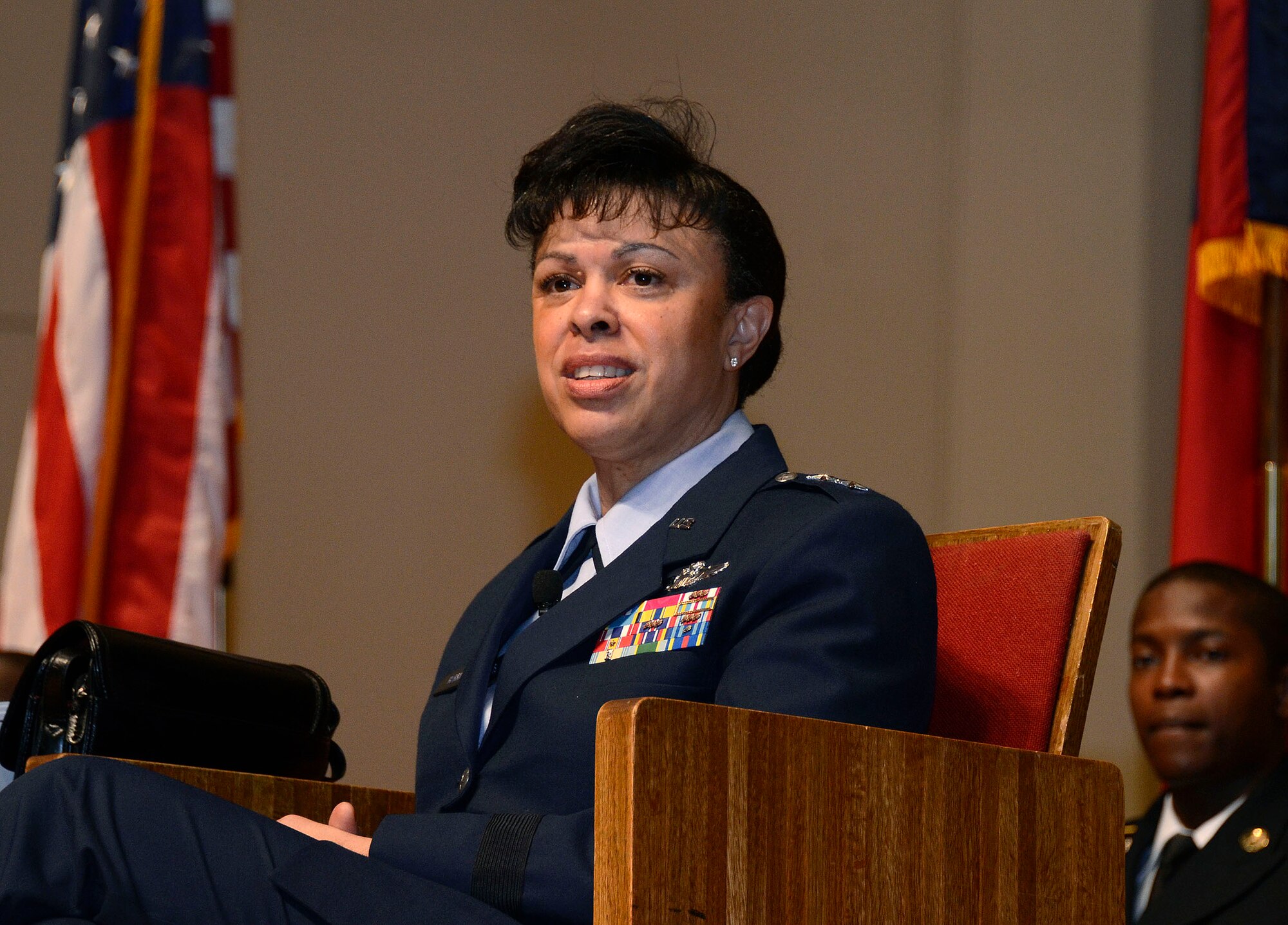 Maj. Gen. Stayce Harris, 22nd Air Force commander participates in a panel discussion on various topics relating to military matters at a forum held at Morehouse College’s Joint Service Military Day, March 26, 2015. The panelists represented four branches of the armed forces, United States Marines, U.S. Navy, Army and Air Force. (U.S. Air Force photo/Don Peek)
