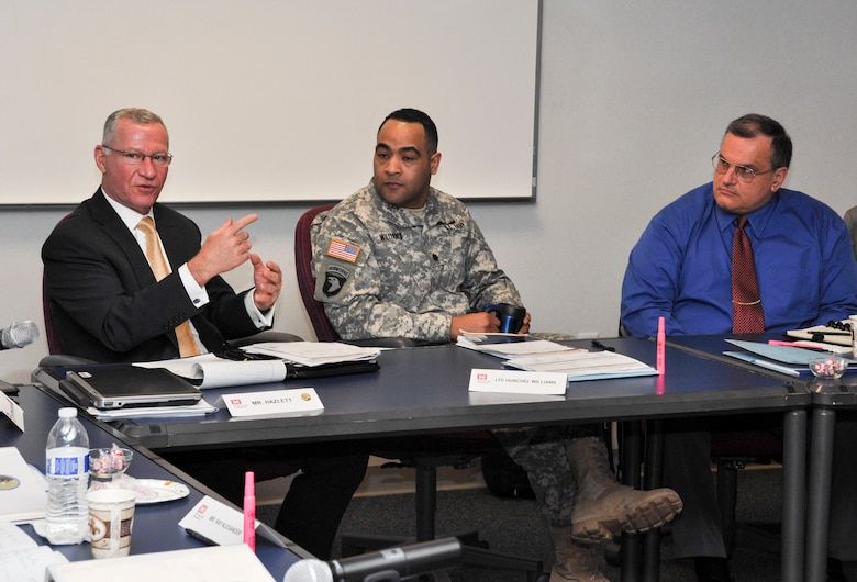 Transatlantic Division senior staff members with Headquarters staff discussing the division’s progress in achieving the USACE Campaign Plan goals and objectives during the biannual command strategic review, March 24. 
