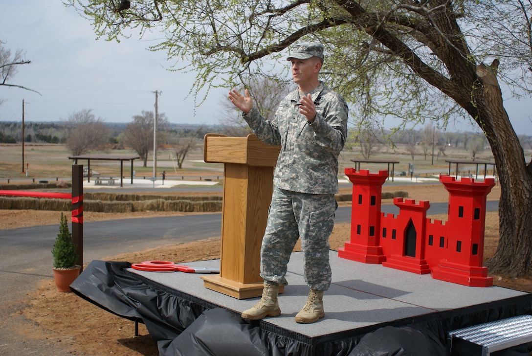 Brig. Gen. David C. Hill, Southwestern Division Commander, U.S. Army Corps of Engineers speaks to members of the Canton Community during the ribbon cutting ceremony at Canton Lake Canadian Campgroung "A", March 25. 