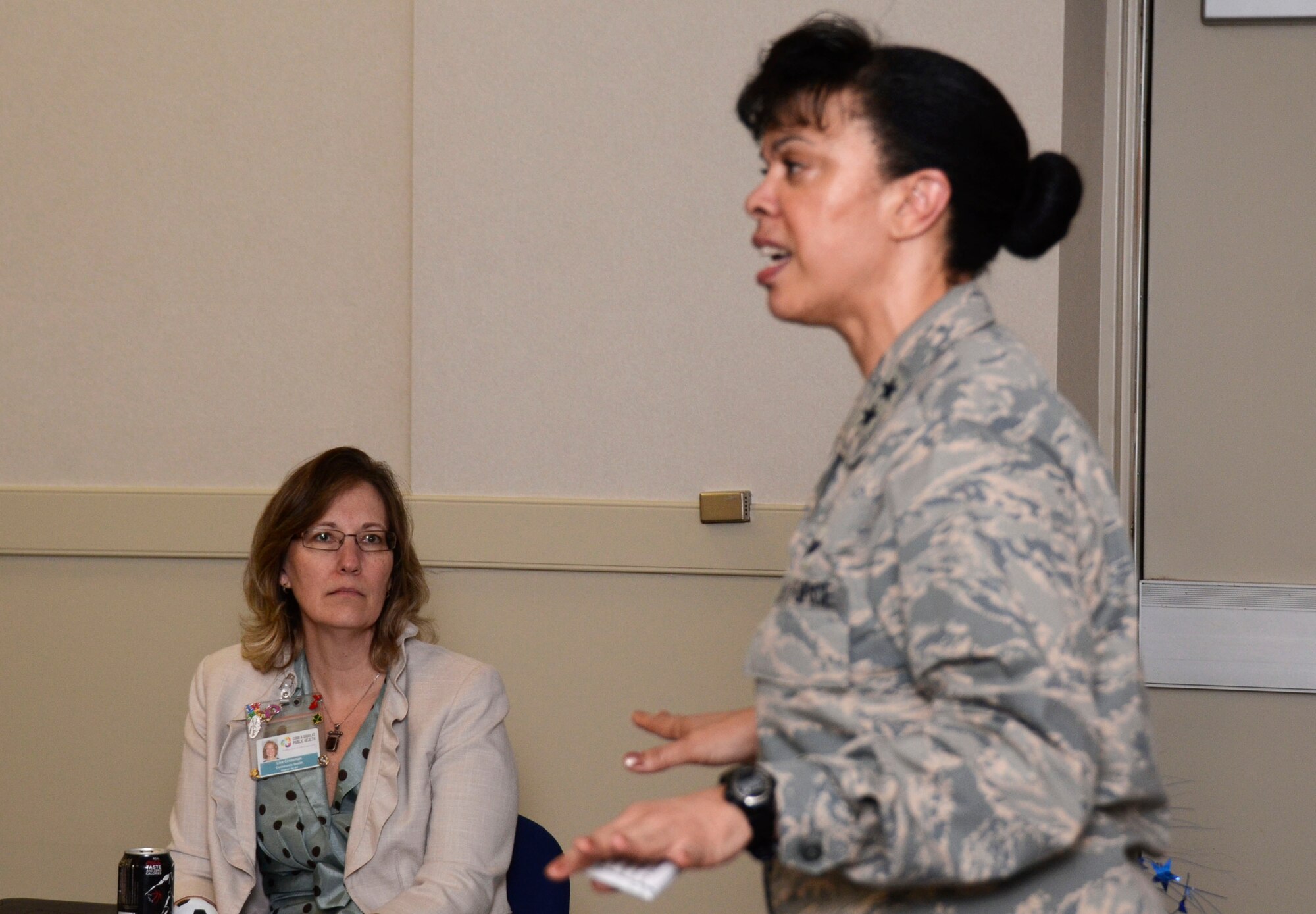 Maj. Gen. Stayce Harris, 22nd Air Force commander, leads a discussion to 21 members of Leadership Cobb at Dobbins Air Reserve Base, Ga. March 25, 2015. Leadership Cobb develops leadership skills and knowledge through its programs and retreats. Participants are introduced to a variety of viewpoints that illustrate the array of economic, political, educational and social factors at work in Cobb County. Sessions combine lectures and dialogue among speakers as well as audience interaction with leaders in all facets of the community.