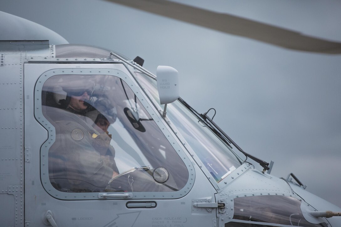 Lt. j.g. Austin Wood, a co-pilot with Detachment 5 for Helicopter Maritime Strike Squadron 37, looks out of a MH-60R Seahawk before takeoff from Marine Corps Air Station Kaneohe Bay, March 24, 2015. (U.S. Marine Corps photo by Lance Cpl. Brittney Vella/Released)