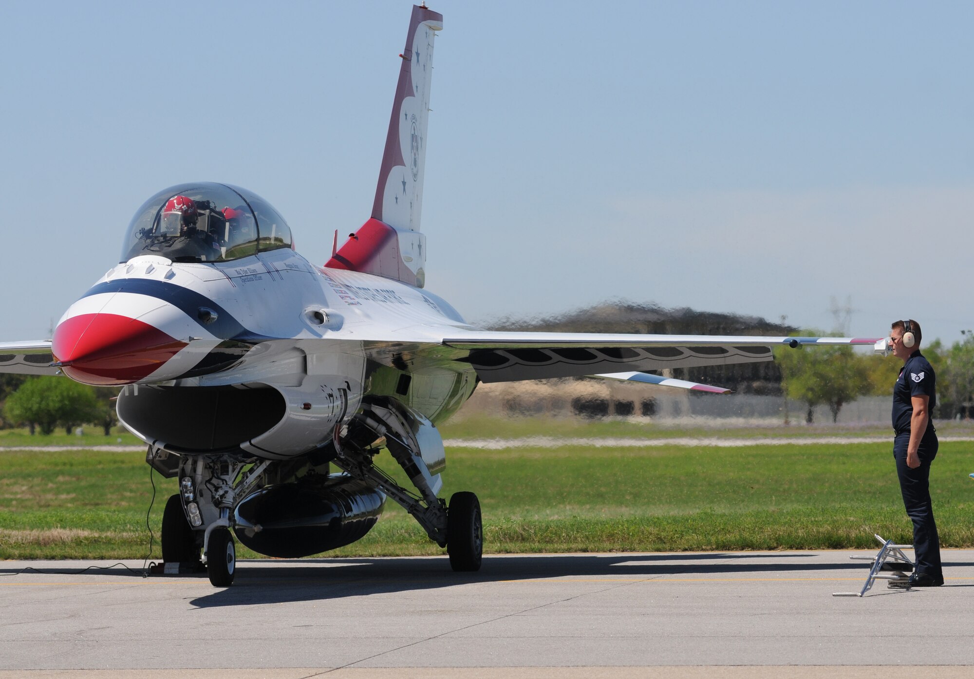 The U.S. Air Force Thunderbirds prepare for take-off during a media flight March 27, 2015, at Keesler Air Force Base, Miss. The Thunderbirds are headlining Keesler’s 2015 Air Show/Open House to be held March 28-29.  (U.S. Air Force photo by Kemberly Groue)