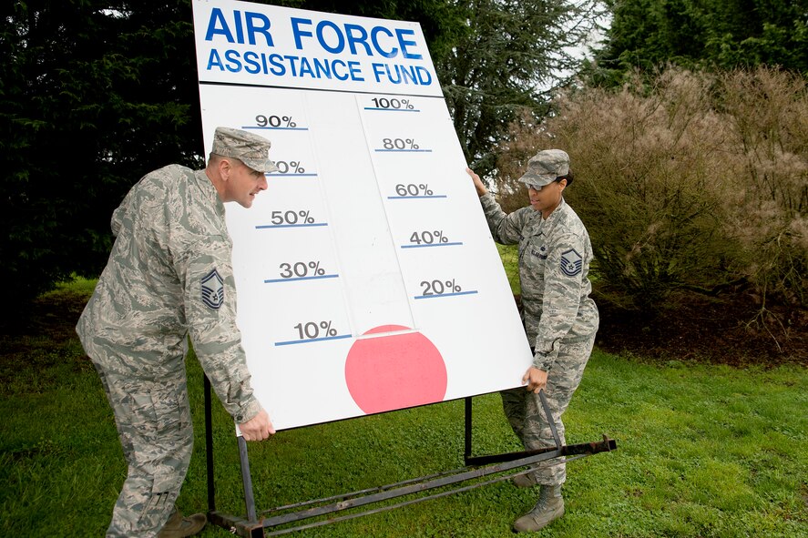 Senior Master Sgt. Sean Judkins (left), 62nd Aircraft Maintenance Squadron lead production superintendent, and Master Sgt. Shenica Speck, 627th Logistics Readiness Squadron section chief, place an Air Force Assistance Fund sign March 25, 2015 at Joint Base Lewis-McChord, Wash. Donations from the AFAF are contributed back to the Airmen and their families for emergency situations such as funerals, travel, and vehicle repair. (U.S. Air Force photo/Airman 1st Class Keoni Chavarria)