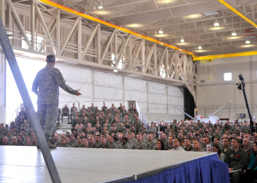 Chief of Staff of the Air Force Gen. Mark A. Welsh III talks with the men and women of the 432nd Wing/432nd Air Expeditionary Wing during his visit to Creech Air Force Base, Nevada, March 24, 2015. During the all-call Welsh outlined discussed the significance of the ISR mission and the need to listen to and take care of Airmen. (U.S. Air Force photo by Airman 1st Class Christian Clausen/Released)