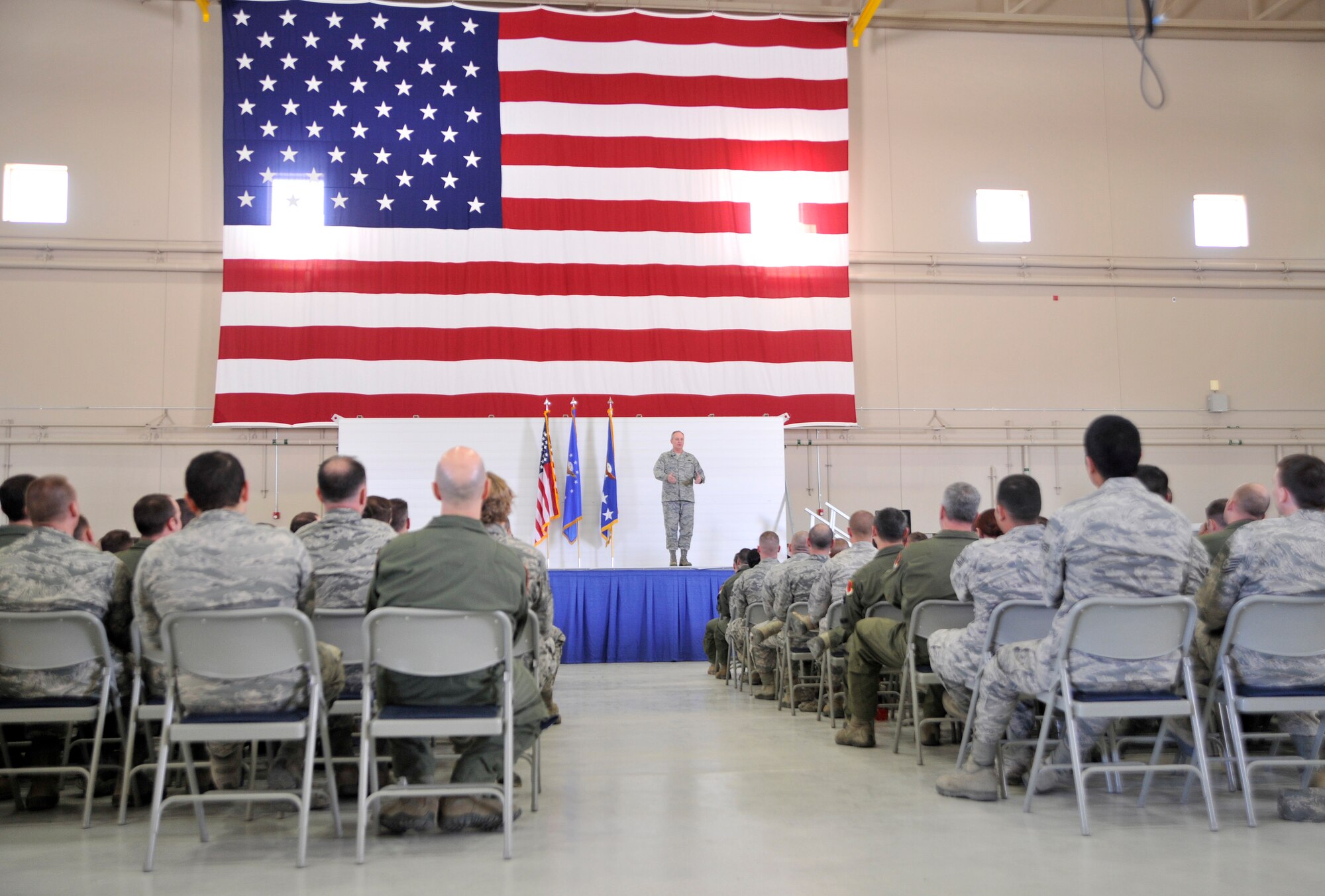 Chief of Staff of the Air Force Gen. Mark A. Welsh III conducts an all-call with the men and women of the 432nd Wing/432nd Air Expeditionary Wing as part of his visit to Creech Air Force Base, Nevada, March 24, 2015. During the all-call, Welsh thanked and highlighted the successes of the men and women of Creech AFB and the importance of the ISR mission. (U.S. Air Force photo by Airman 1st Class Christian Clausen/Released)