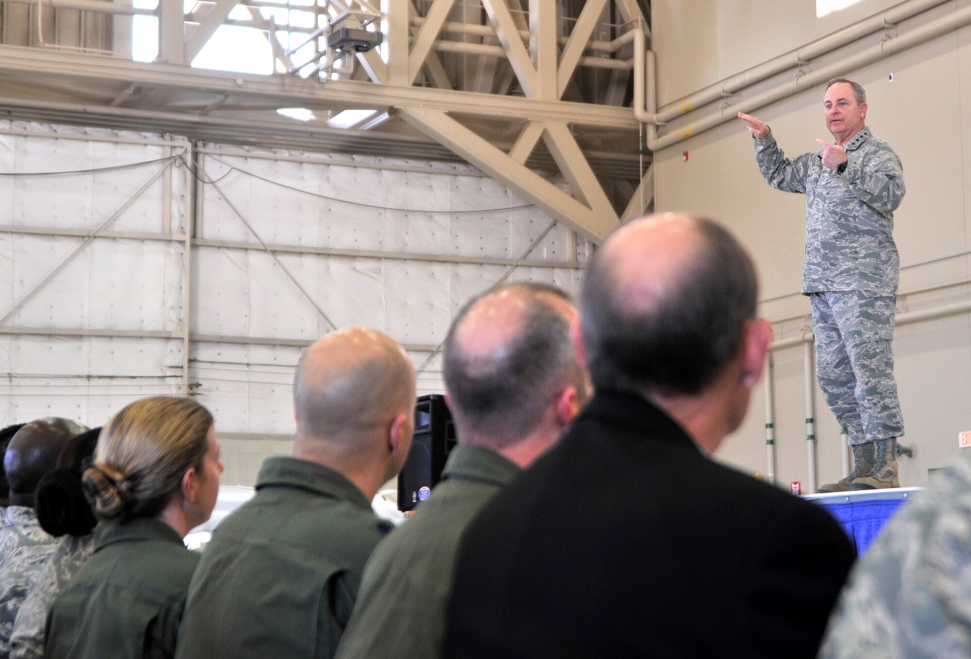 Chief of Staff of the Air Force Gen. Mark A. Welsh III talks with the men and women of the 432nd Wing/432nd Air Expeditionary Wing during his visit to Creech Air Force Base, Nevada, March 24, 2015. (U.S. Air Force photo by Airman 1st Class Christian Clausen/Released)