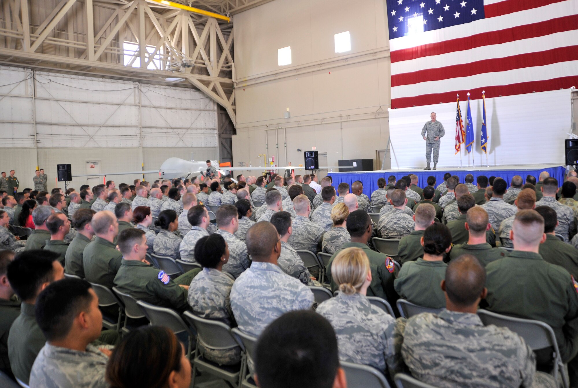 Chief of Staff of the Air Force Gen. Mark A. Welsh III conducts an all-call with the men and women of the 432nd Wing/432nd Air Expeditionary Wing as part of his visit to Creech Air Force Base, Nevada, March 24, 2015. During the all-call Welsh thanked and highlighted the successes of the men and women of Creech AFB and the importance of the ISR mission. (U.S. Air Force photo by Airman 1st Class Christian Clausen/Released)