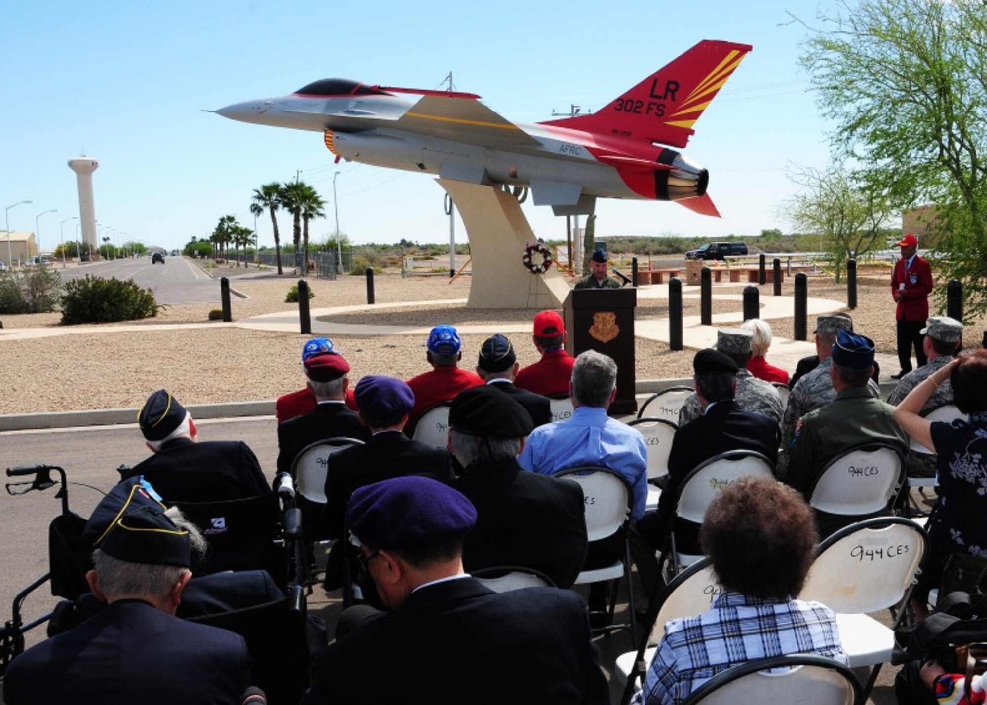 Col. Kurt Gallegos, 944th Fighter Wing commander, delivers his speech during the Tuskegee Airmen Commemoration Day ceremony Mar 26  at Luke Air Force Base, Ariz. (U.S. Air Force photo by Tech. Sgt. Louis Vega Jr.)