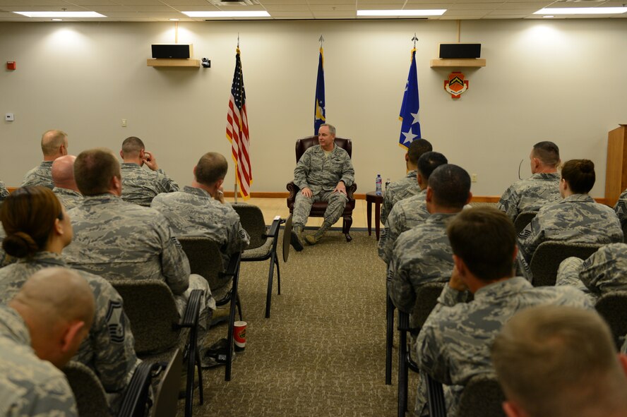 Gen. Mark Welsh III, Chief of Staff of the U.S. Air Force, speaks to senior NCOs at the 56th Medical Group. The topics the general discussed with the Airmen included enlisted performance reviews, core values, budget and more. (Senior Airman James Hensley)