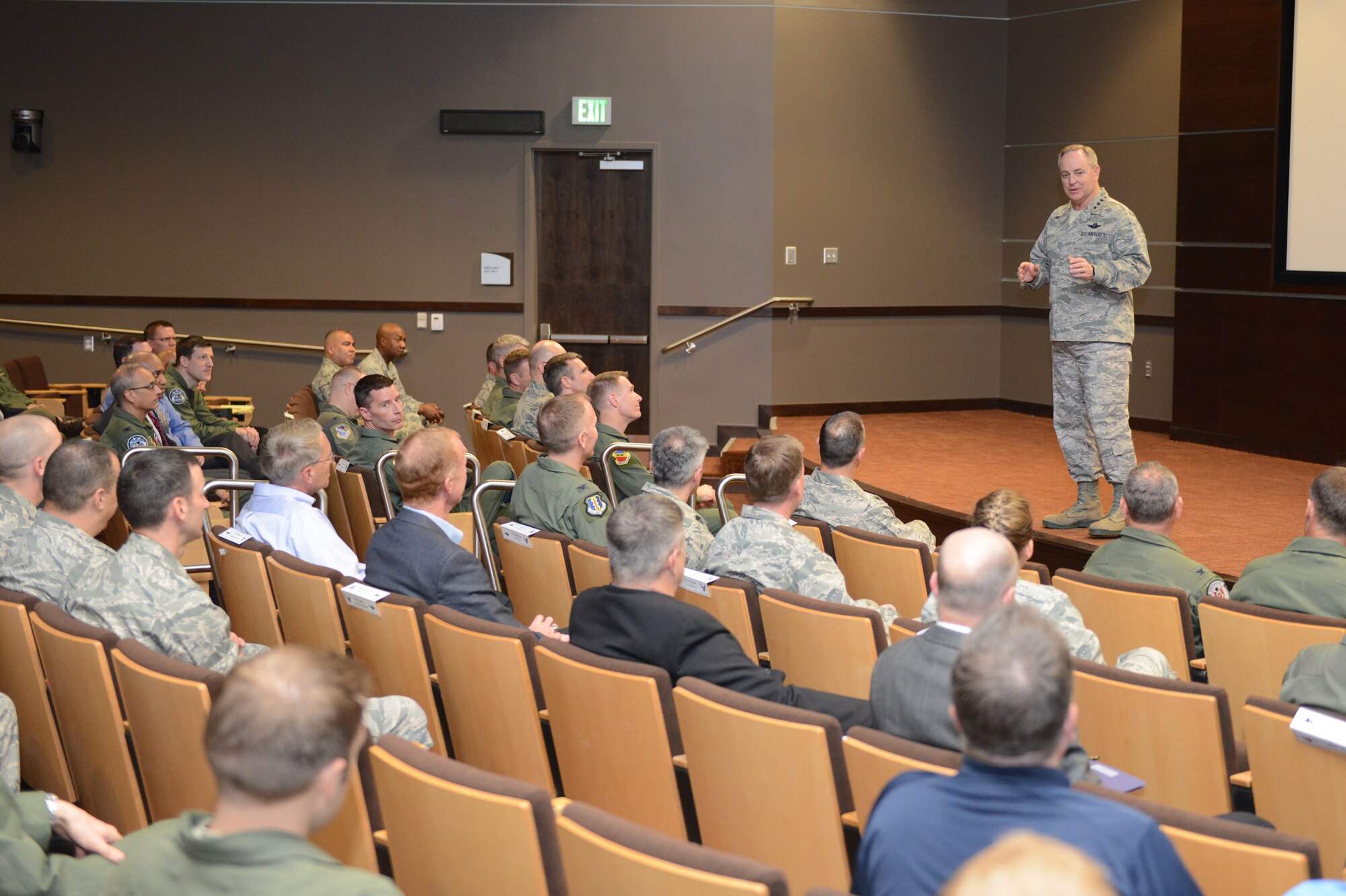 Gen. Mark Welsh III, Chief of Staff of the U.S. Air Force, visits the Academic Training Center to speak about the future for the Air Force and the roles that many Airmen will play. (Senior Airman James Hensley)