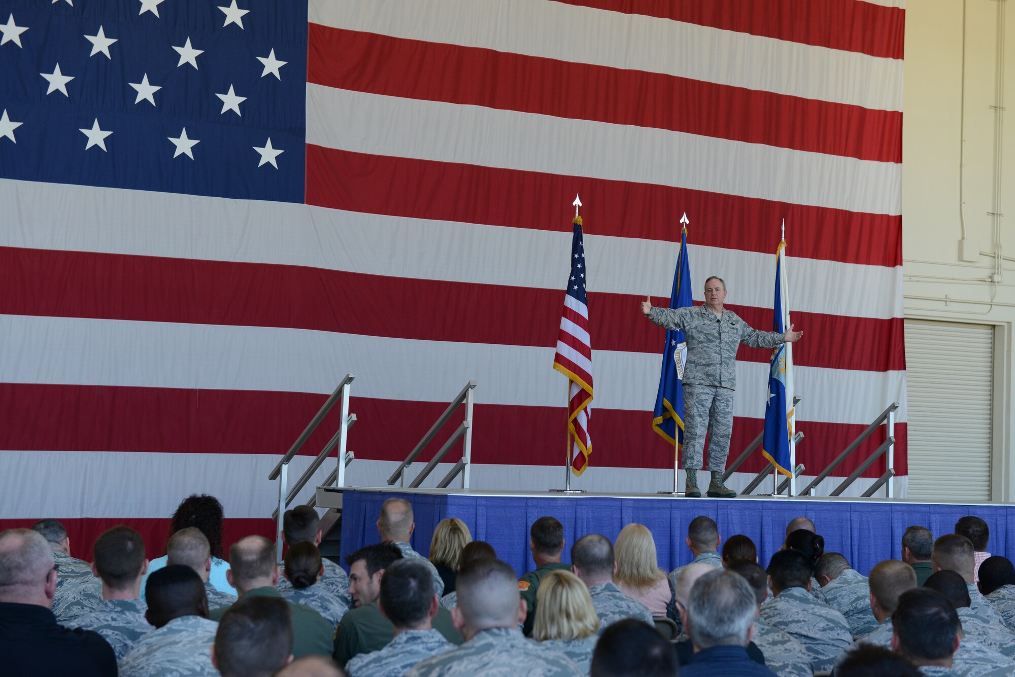 Gen. Mark Welsh III, Chief of Staff of the U.S. Air Force, spoke to Luke Air Force Base Airmen Monday at an all-call in Hangar 999 and later visited with Airmen across base. He highlighted the Airman health, wellness and quality of life mission and community initiatives taken by Luke Air Force Base and the Arizona Air National Guard. He also viewed the steps taken toward F-35 and KC-135 training and operations at both locations. (Senior Airman James Hensley)
