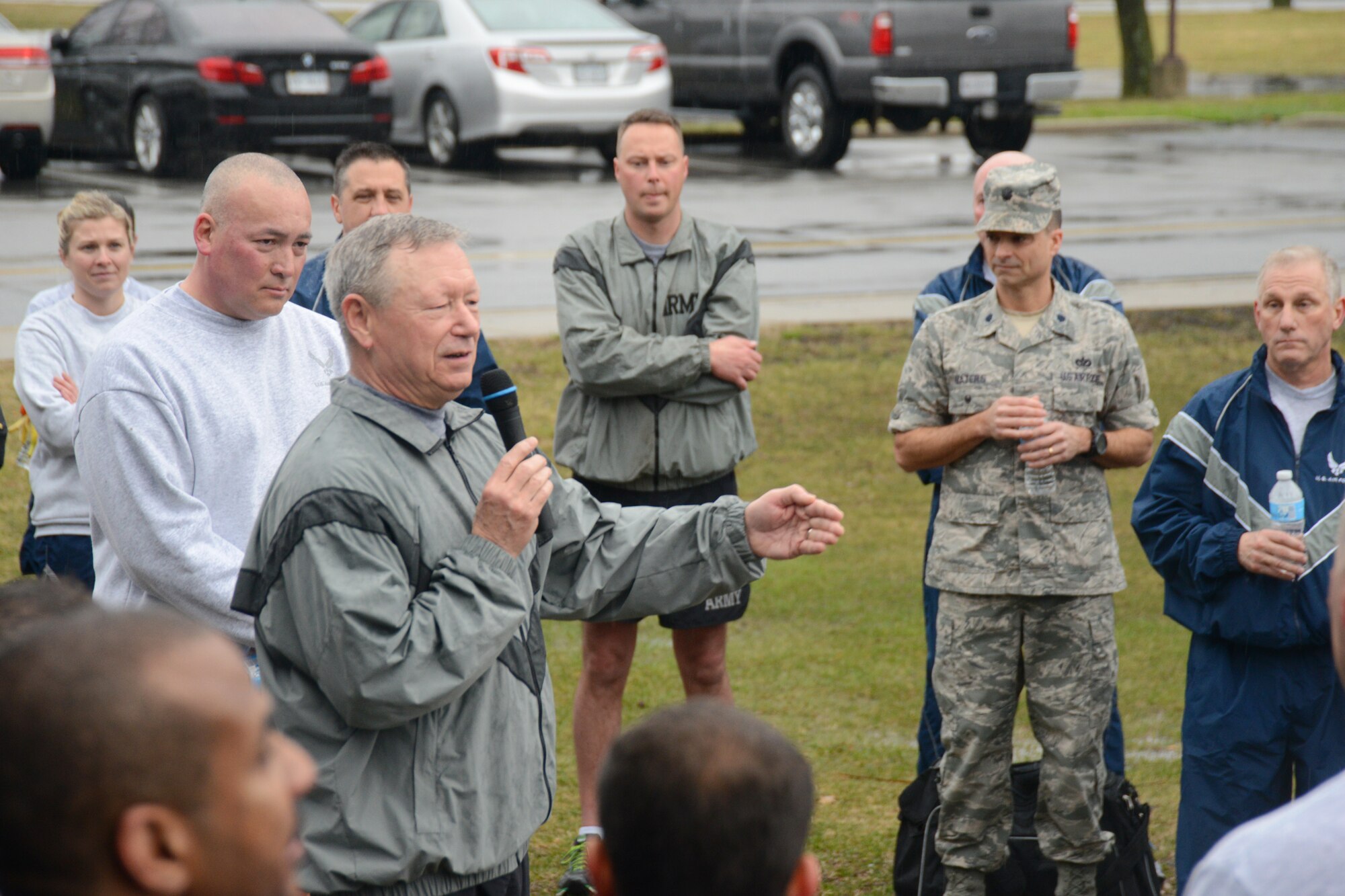 Gen. Frank J. Grass, Chief, National Guard Bureau, talks to Guard Airmen and Soldiers at the Air National Guard Readiness Center fun run held at Joint Base Andrews, Md., March 27, 2015. (U.S. Air National Guard photo by Senior Airman John E. Hillier/Released)