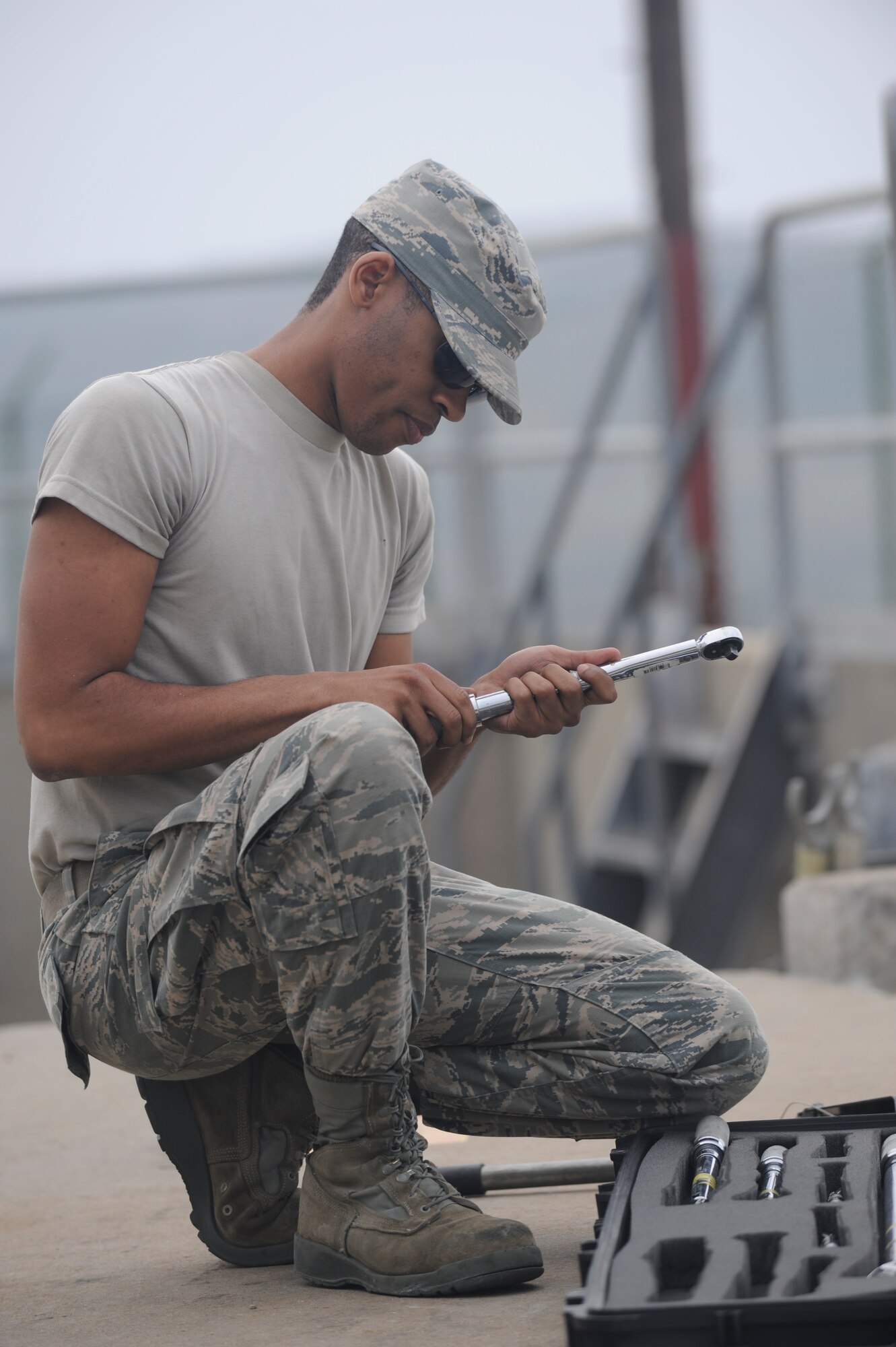 Airman 1st Class Andrew Smith, 90th Missile Maintenance Squadron missile handling technician, inspects tools Feb. 20th, 2015, before constructing a safety barrier around the hatch opening of Launch Facility-10 for Glory Trip-214, Vandenberg Air Force Base, California. The maintenance personnel for the launch worked with members of the 576th Flight Test Squadron members to ready the missile and site for the operational test launch. (U.S. Air Force photo by Airman 1st Class Ian Dudley)