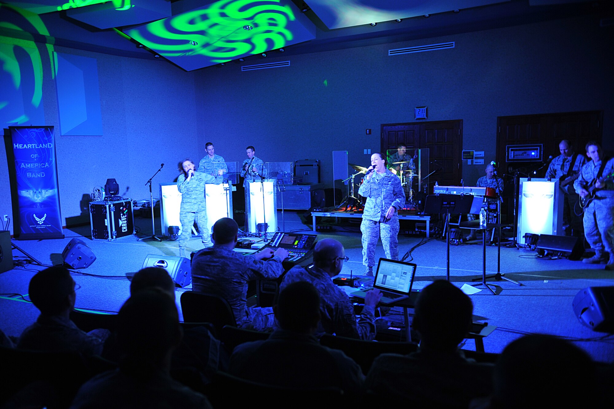 The United States Air Force Heartland of America Band performs for a James M. McCoy Airman Leadership School class March 26 in their rehearsal hall on Offutt Air Force Base, Nebraska. The performance gave the students the opportunity to get an up-close look at the band and their mission. (U.S. Air Force photo by Charles Haymond/released)