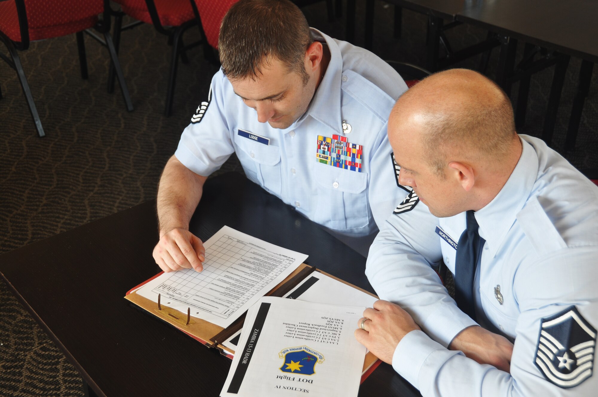 Joint Base McGuire-Dix-Lakehurst, N.J. – U.S. Air Force Master Sgt. Derrick Lodge, 621st Contingency Response Wing, 818th Mobility Support Advisory Squadron, completes upgrade training for his team during an MSAS mission in Lusaka, Zambia, March 21, 2015. Generally only a maximum of two upgrades can be completed during an MSAS trip, however the first of its kind Department of State training event under the new section 1203 authority enabled Lodge to upgrade six members of his team while still engaging and sharing ideas with twenty members of the Zambian air force. (Courtesy Photo provided by 818th Mobility Support Advisory Squadron).
