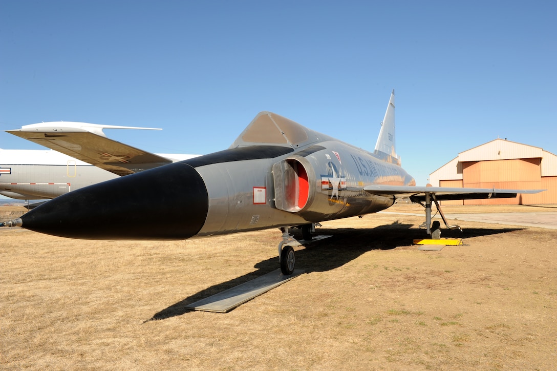 The 28th Bomb Wing transported an F-102 Delta Dagger from the flightline at Ellsworth Air Force Base, S.D., to the South Dakota Air and Space Museum March 13, 2015. The aircraft will be unveiled in its permanent spot later this year. (U.S. Air Force photo by Senior Airman Hailey R. Staker/Released) 