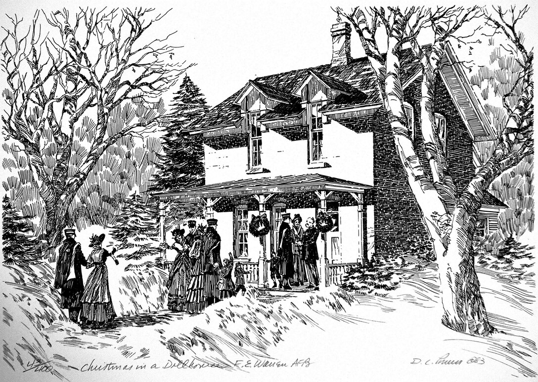 One of Retired Maj. Dean Purves’ drawings, Christmas in a Dollhouse, F.E. Warren AFB, showcases a scene in front of a base house. Purves created a number of drawings that adorn the halls of a number of buildings on base. (U.S. Air Force courtesy photo) 