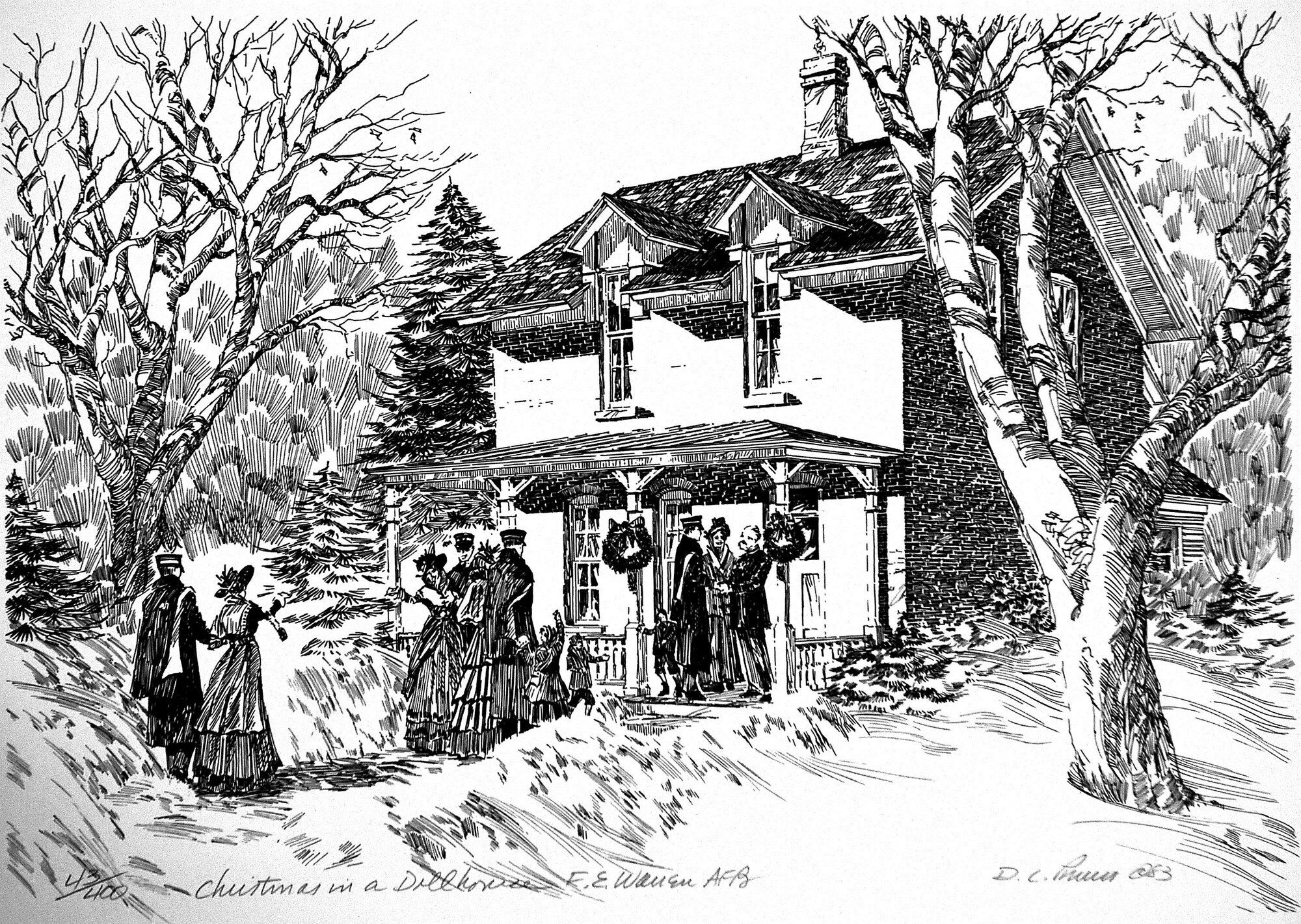 One of Retired Maj. Dean Purves’ drawings, Christmas in a Dollhouse, F.E. Warren AFB, showcases a scene in front of a base house. Purves created a number of drawings that adorn the halls of a number of buildings on base. (U.S. Air Force courtesy photo) 