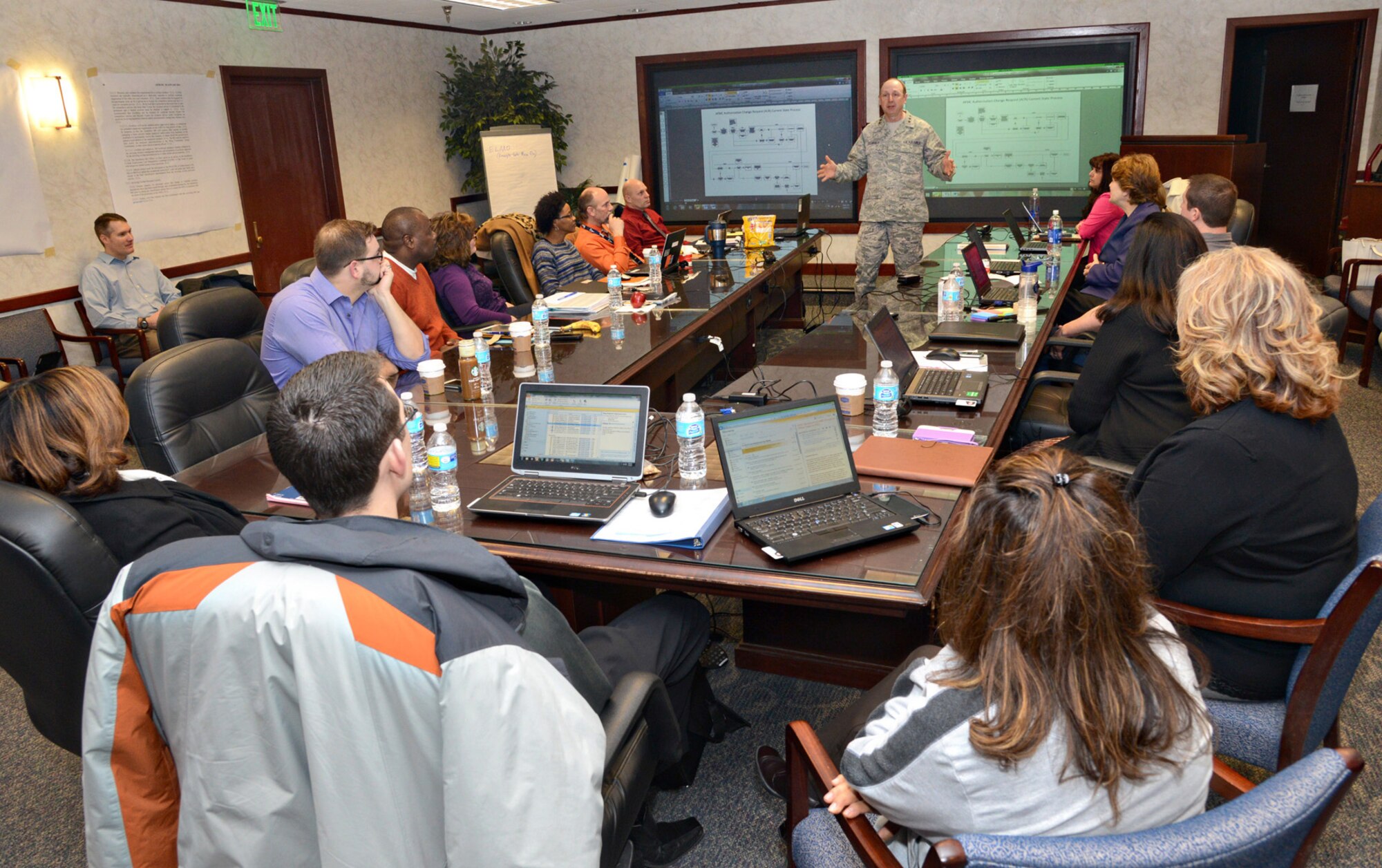 Lt. Gen. Bruce Litchfield, Air Force Sustainment Center commander, offers his support to attendees at a recent Rapid Improvement Event aimed at improving the hiring process. “This is something that needs to be done and is long overdue,” the general said. Officials said the results of the RIEs, which will be held at various locations including Wright Patterson AFB, Ohio, Kirtland AFB, N.M. and Randolph AFB, Texas, will not only affect hiring at the AFSC and Tinker, but all of the Air Force. (Air Force photo by Kelly White)
