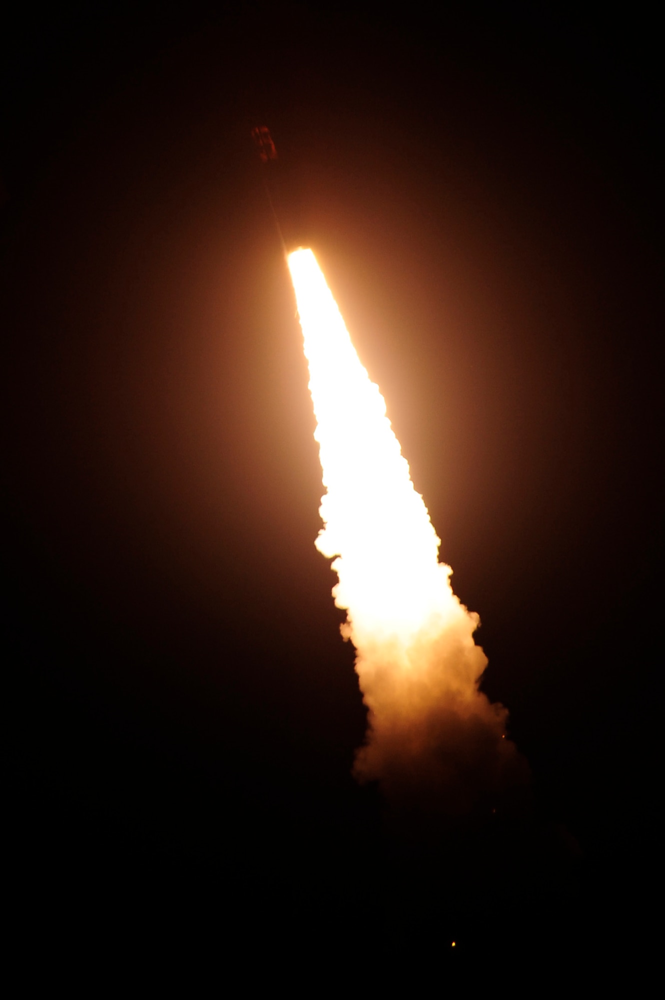 An unarmed Minuteman III intercontinental ballistic missile launches at 3:53 a.m. Pacific Daylight Time, March 27, 2015, at Vandenberg Air Force Base, Calif. Air Force Global Strike Command demonstrated the capabilities of their ICBM fleet and crew force with two test launches in less than a week. (U.S. Air Force photo by Staff Sgt. Jim Araos/Released)