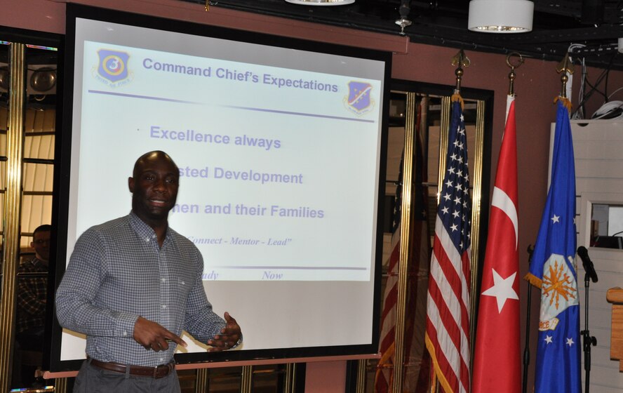 Chief Master Sgt. Vegas Clark, 39th Air Base Wing command chief, took time during his visit to Izmir to meet and speak with Airmen during an NCO call March 20, 2015. Clark addressed a wide range of issues and sought out Airmen’s views on mission-related issues and other concerns. (U.S. Air Force photo by Tanju Varlikli/Released)
